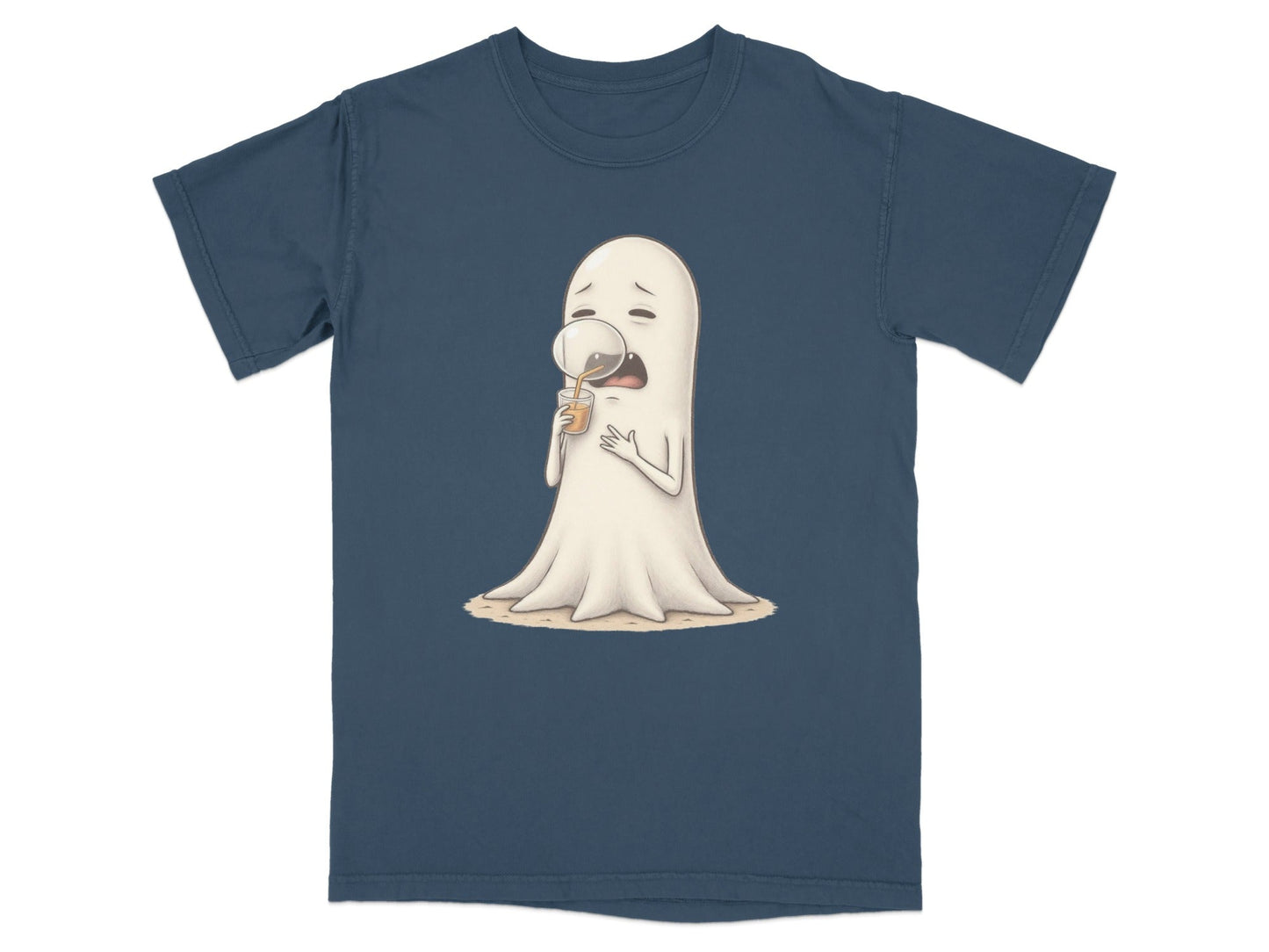 Sad Ghost Sipping Juice Through Bubble Funny T-Shirt - IconVexa