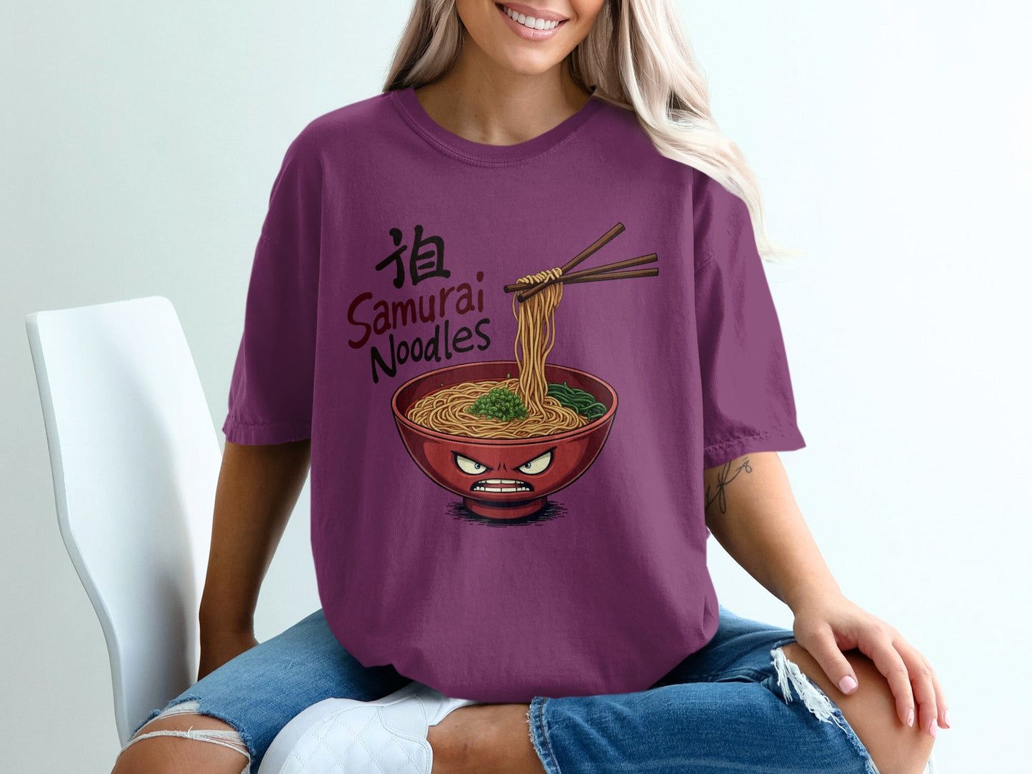 Samurai Noodles T-Shirt, Ramen Bowl T-Shirt, Funny Food Shirt, Japanese Food Tee, Anime Noodles T-Shirt, Gift For Foodie, Quirky T-Shirt - IconVexa