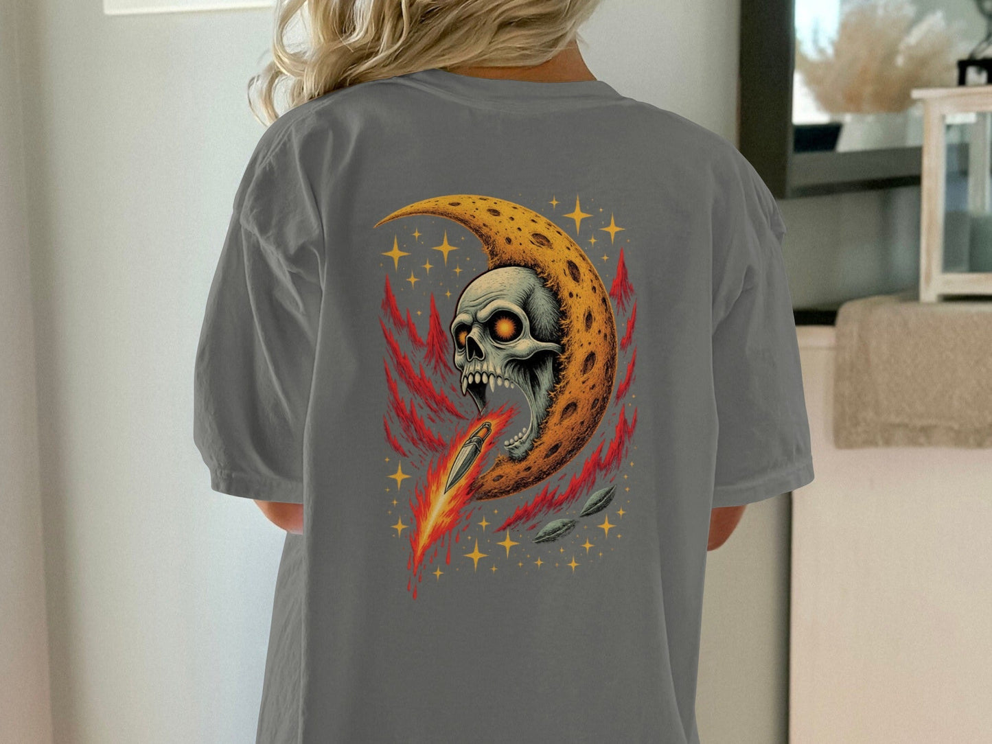 Skull in Crescent Moon with Flaming Sword Design T-Shirt - IconVexa
