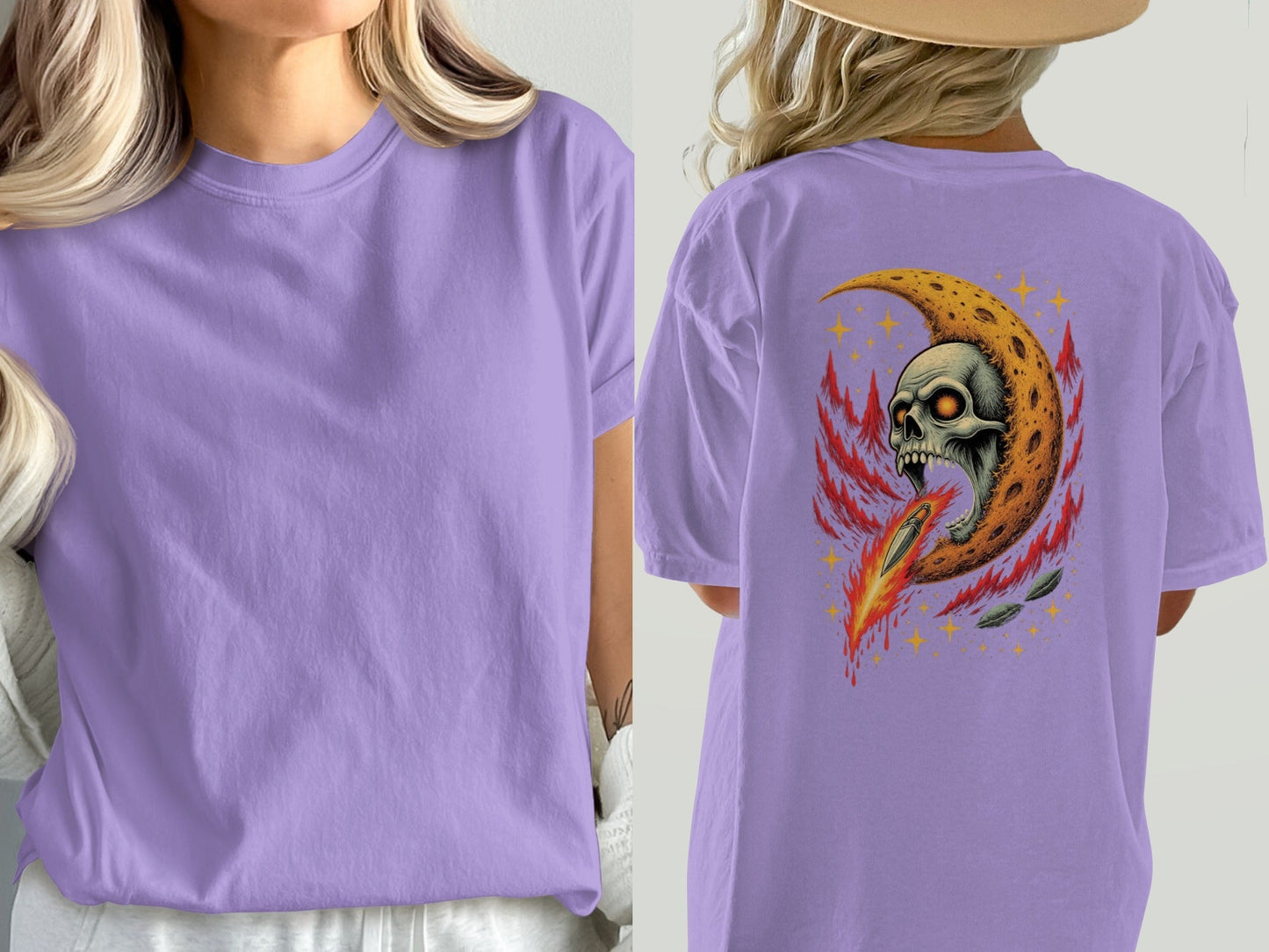 Skull in Crescent Moon with Flaming Sword Design T-Shirt - IconVexa