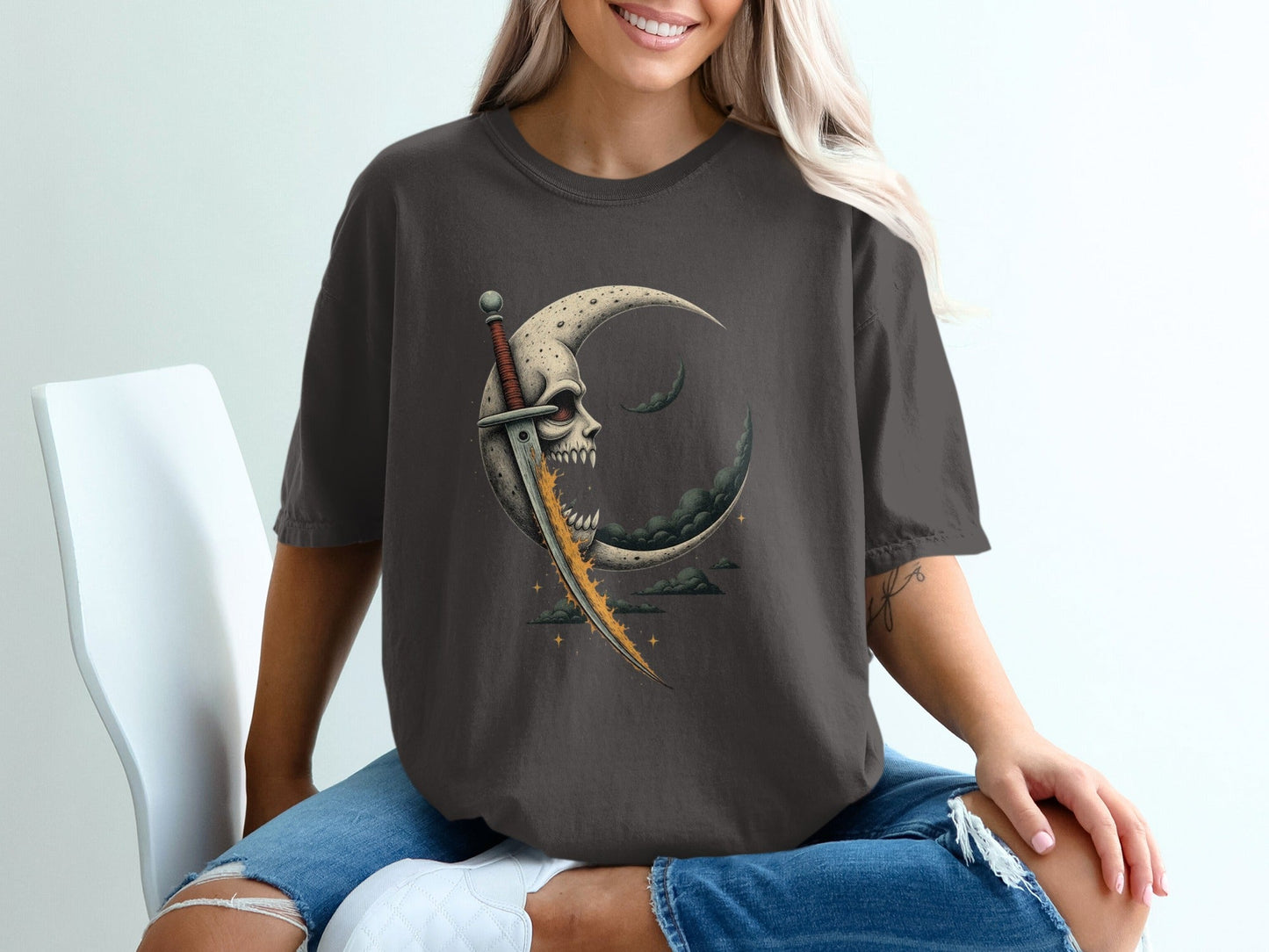 Skull Moon and Sword Unique Design Graphic Unisex T-Shirt - IconVexa