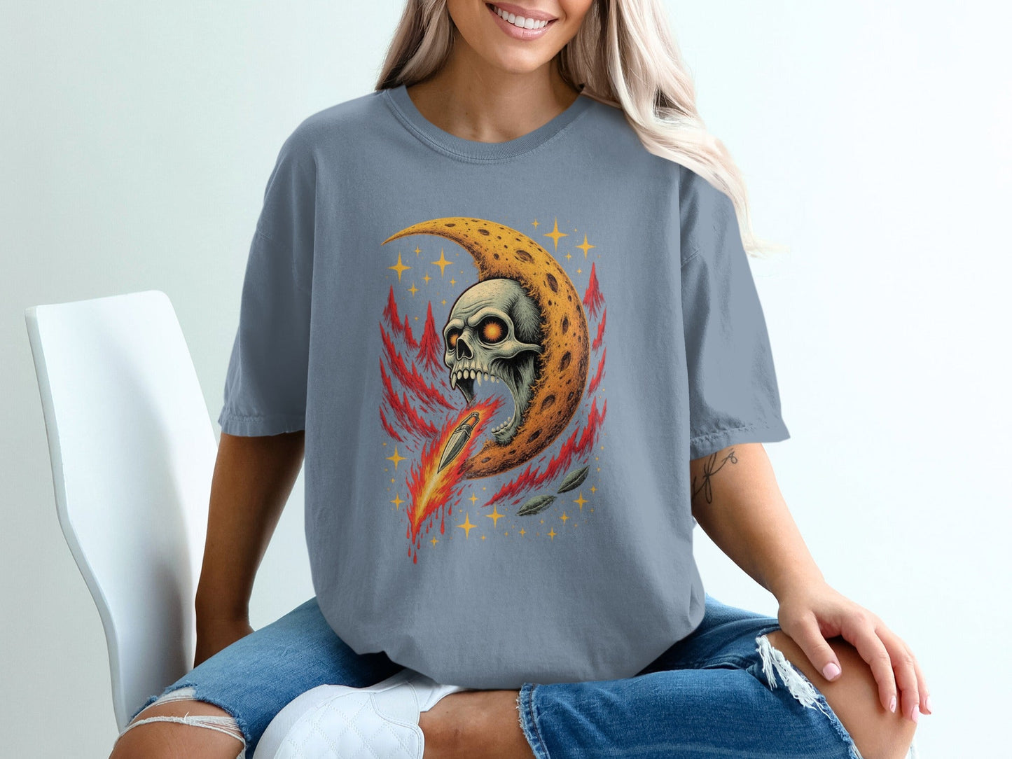 Skull Moon Bullet Stars Graphic Style Women Funny T-Shirt - IconVexa