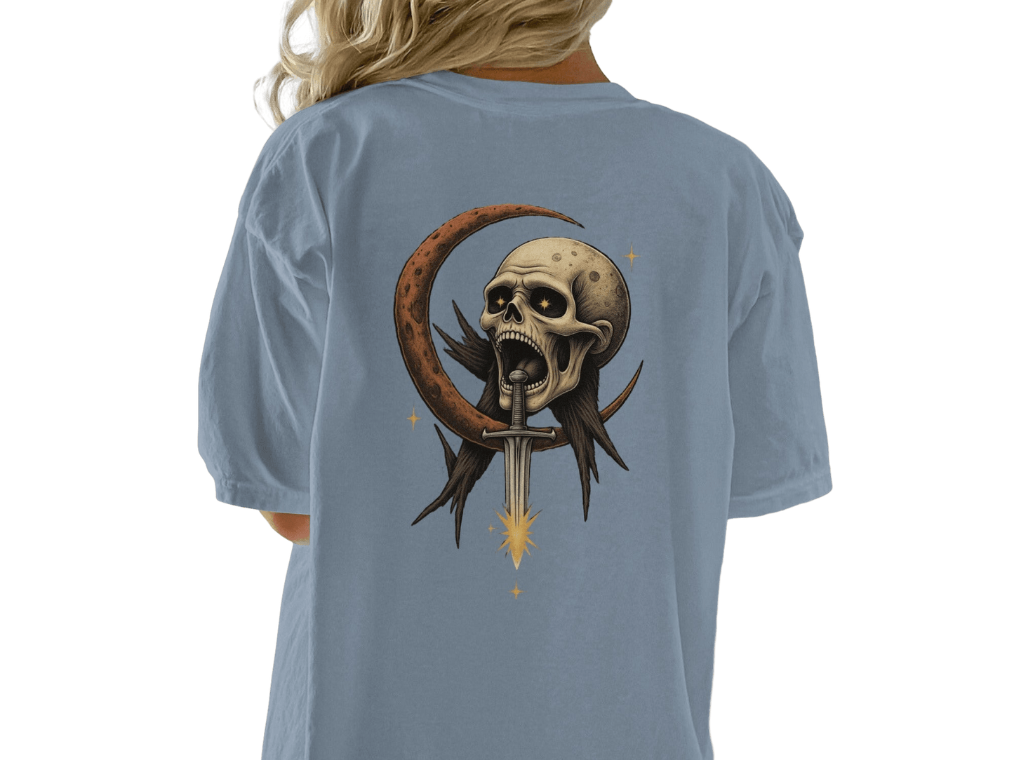 Skull Moon T-Shirt, Sword T-Shirt, Gothic T-Shirt, Crescent Moon T-Shirt, Dark Aesthetic Tee, Unisex T-Shirt, Graphic Tee, Halloween Gift - IconVexa