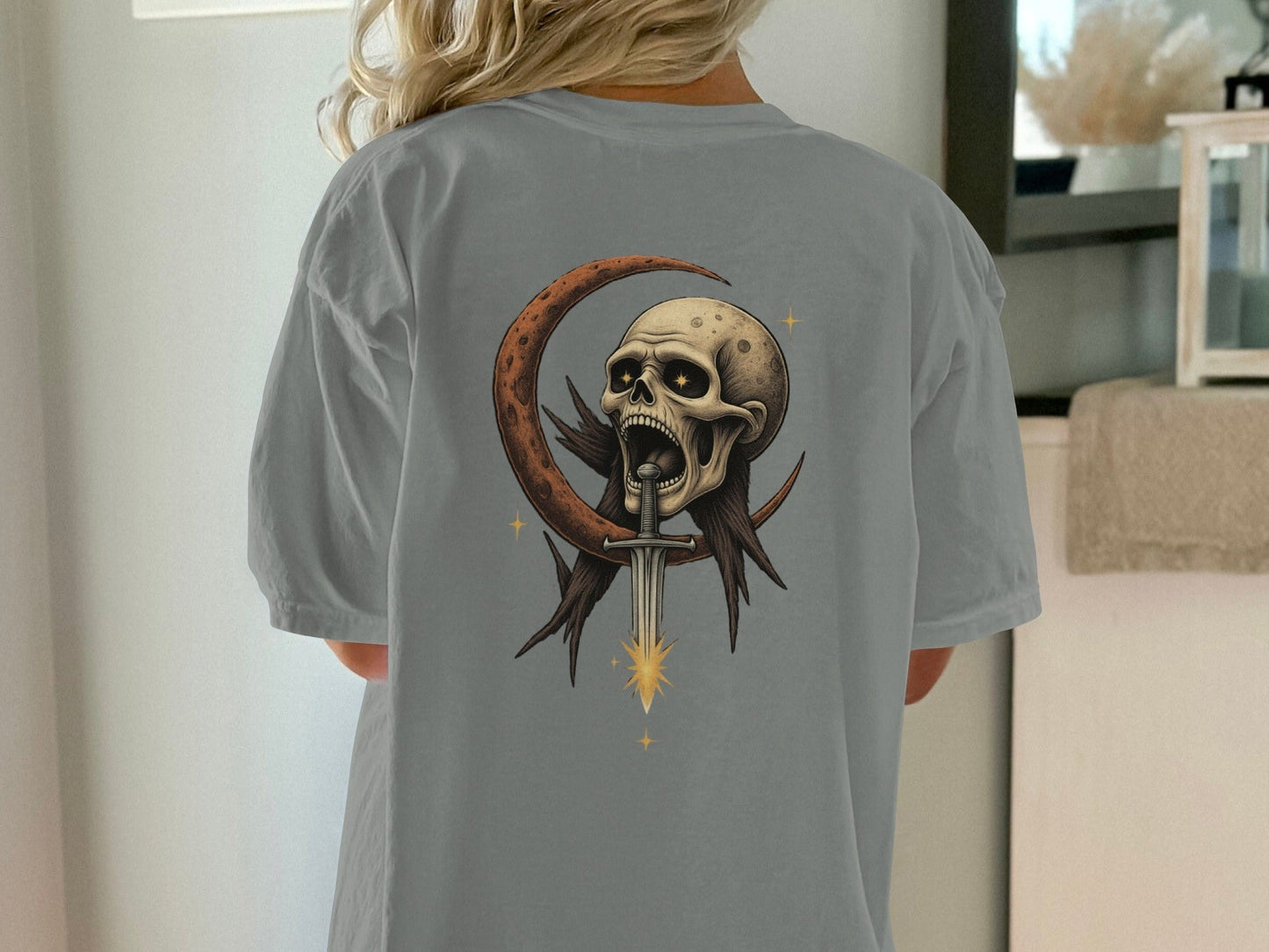 Skull Moon T-Shirt, Sword T-Shirt, Gothic T-Shirt, Crescent Moon T-Shirt, Dark Aesthetic Tee, Unisex T-Shirt, Graphic Tee, Halloween Gift - IconVexa