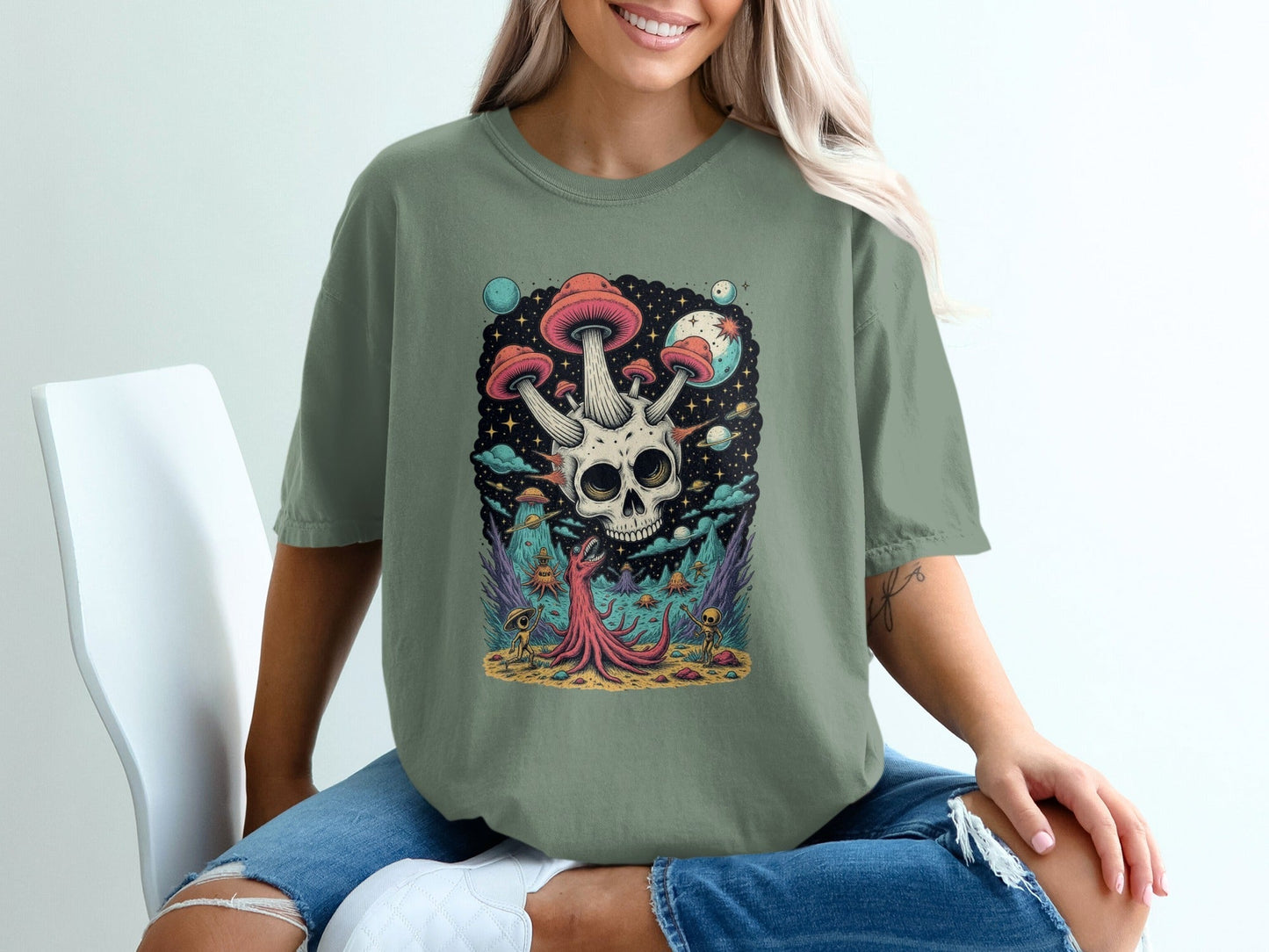 Skull Mushroom in Space Graphic Illustration Design T-Shirt - IconVexa