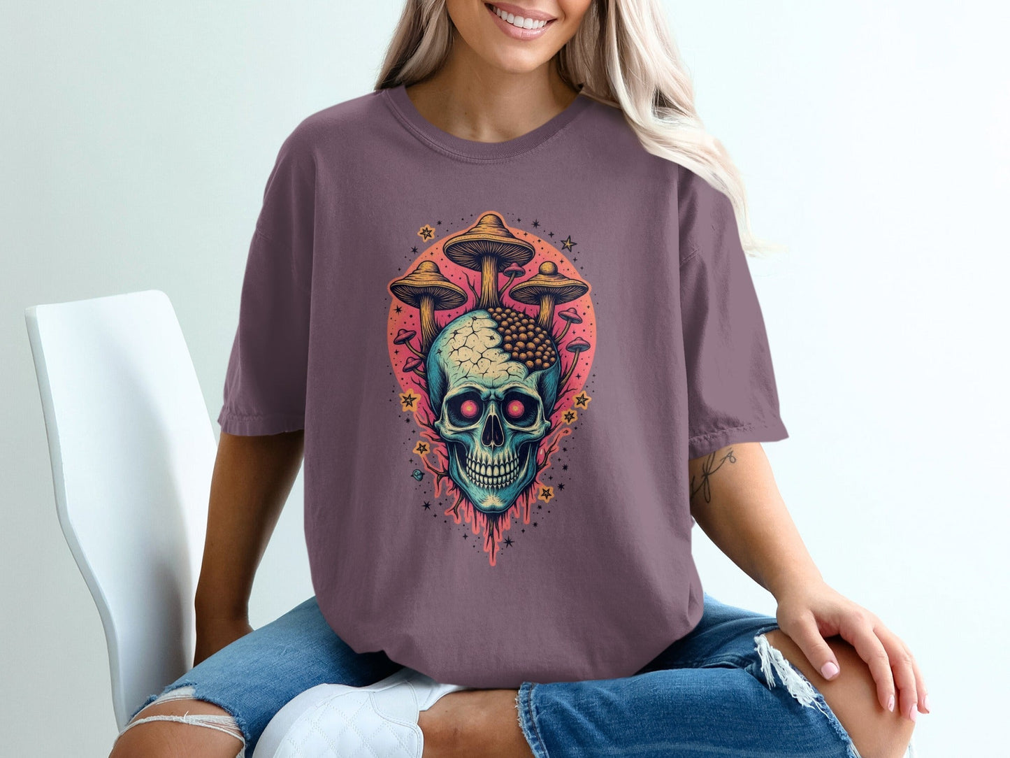 Skull Mushroom Stars Graphic Design Unisex Adult T-Shirt - IconVexa