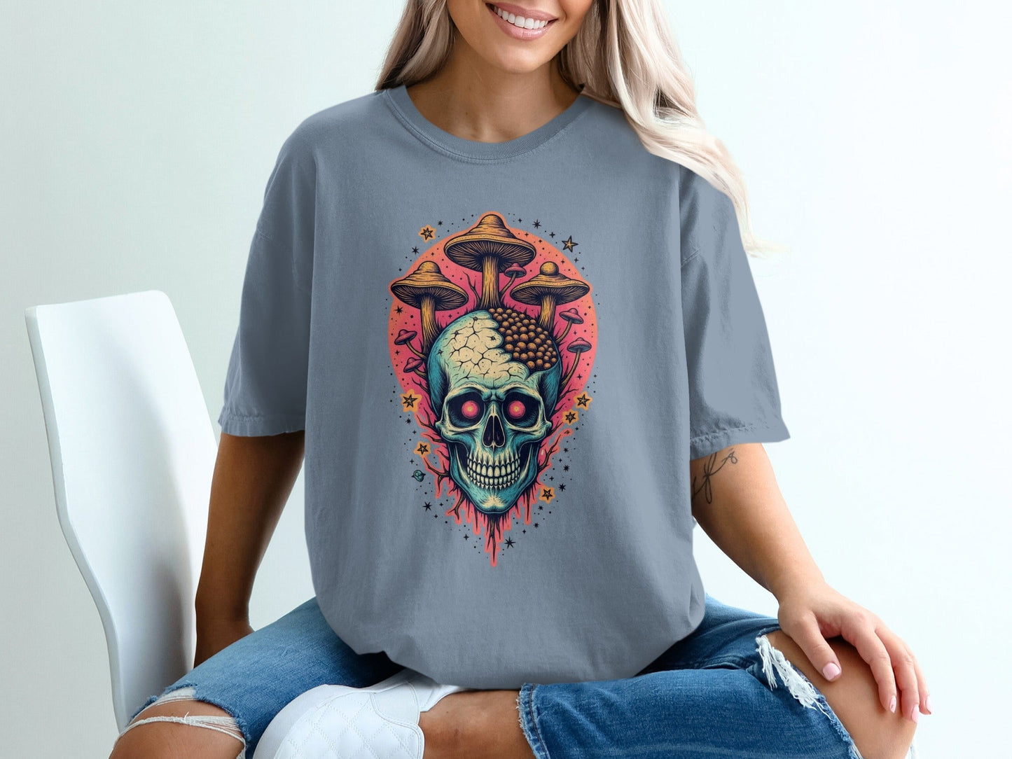 Skull Mushroom Stars Graphic Design Unisex Adult T-Shirt - IconVexa