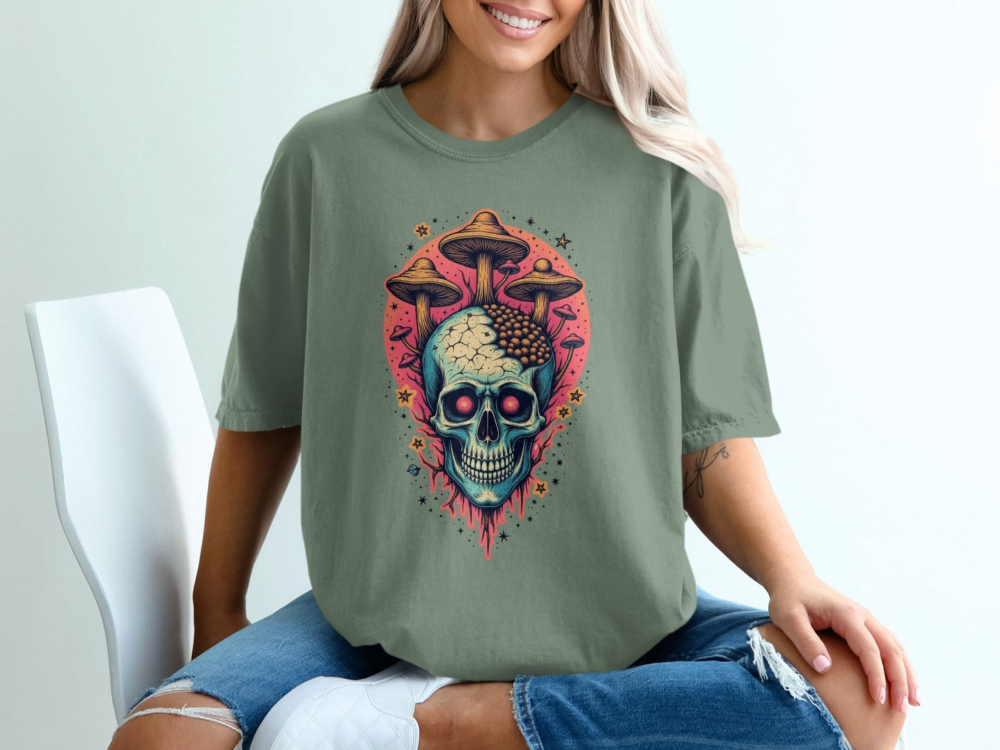 Skull Mushroom Stars Graphic Design Unisex Adult T-Shirt - IconVexa