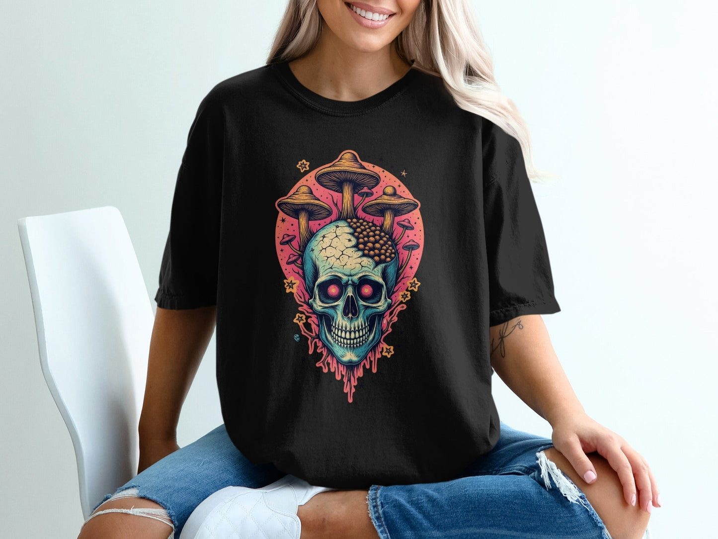 Skull Mushroom Stars Graphic Design Unisex Adult T-Shirt - IconVexa