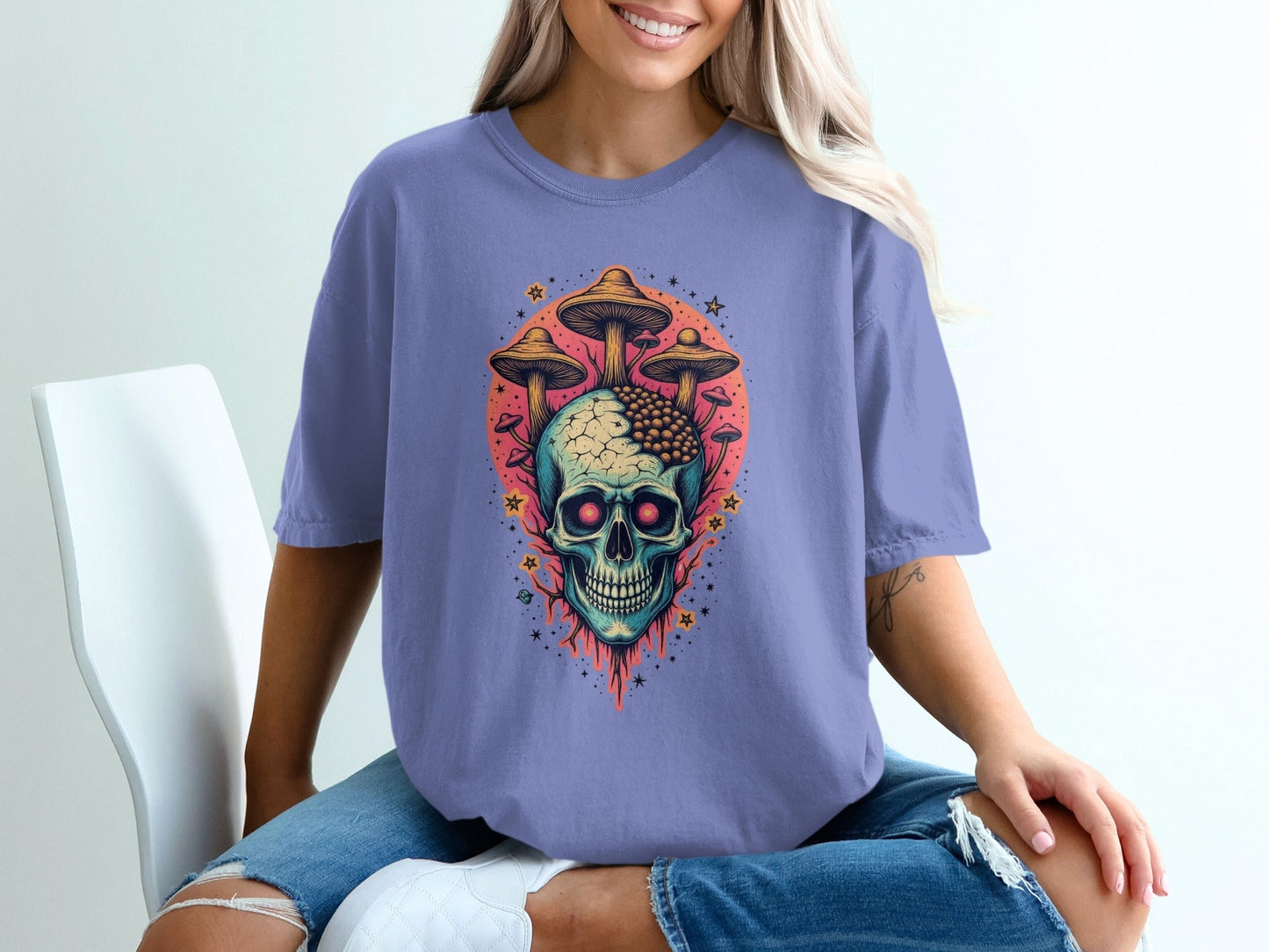 Skull Mushroom Stars Graphic Design Unisex Adult T-Shirt - IconVexa