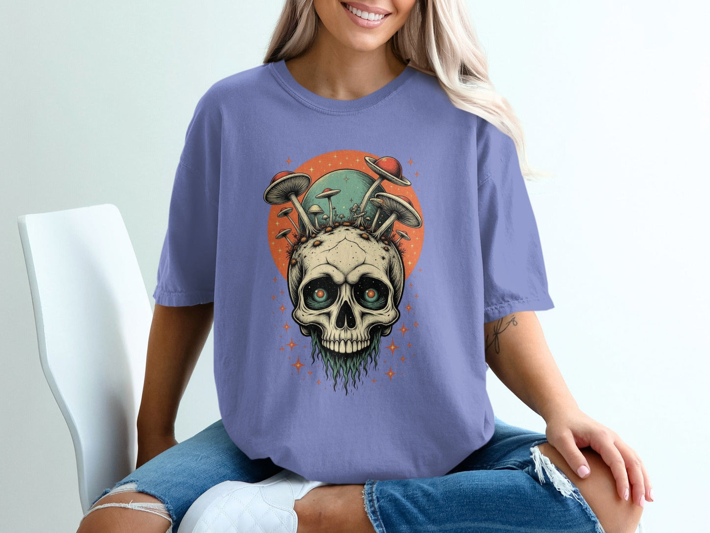 Skull Mushrooms Planet Overlap Design Graphic Art T-Shirt - IconVexa