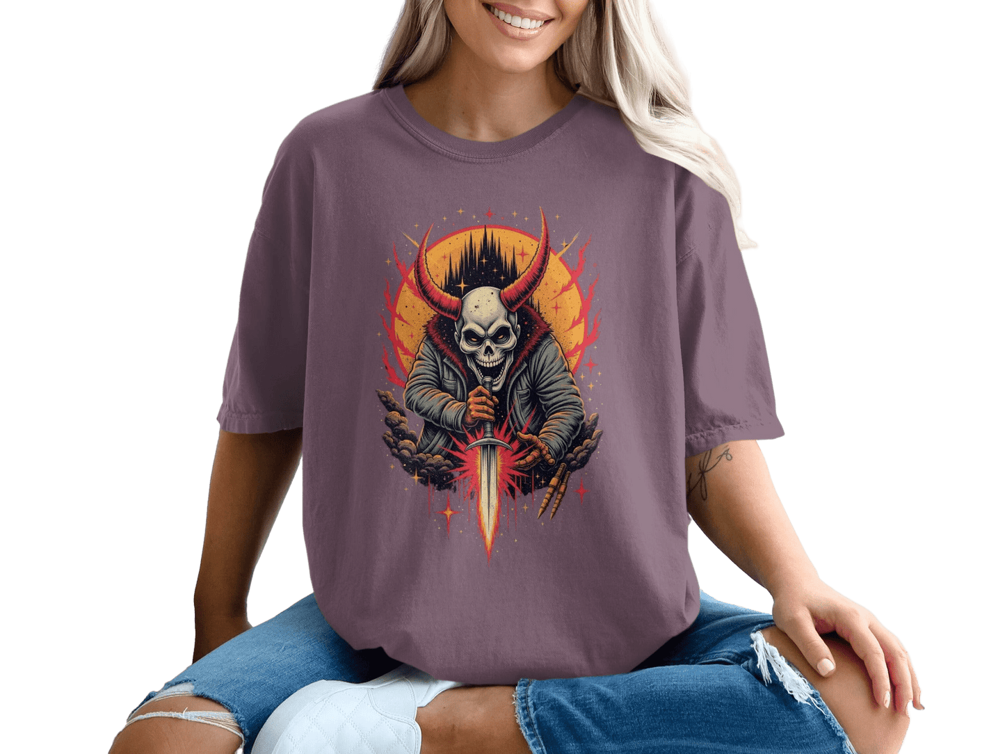 Skull With Horns and Sword Graphic Design Adult T-Shirt - IconVexa