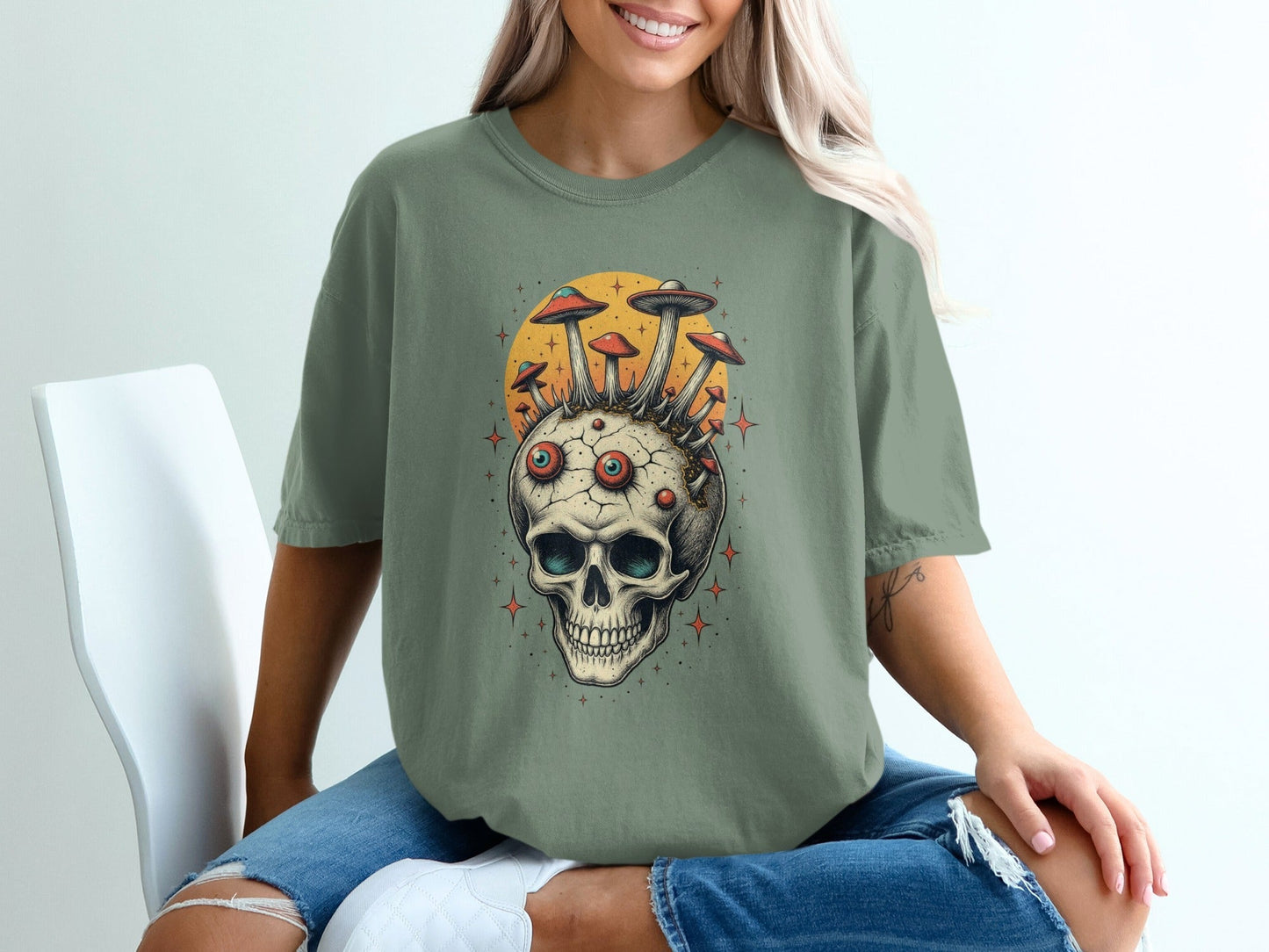 Skull With Mushrooms Against Yellow Sun Graphic T-Shirt - IconVexa
