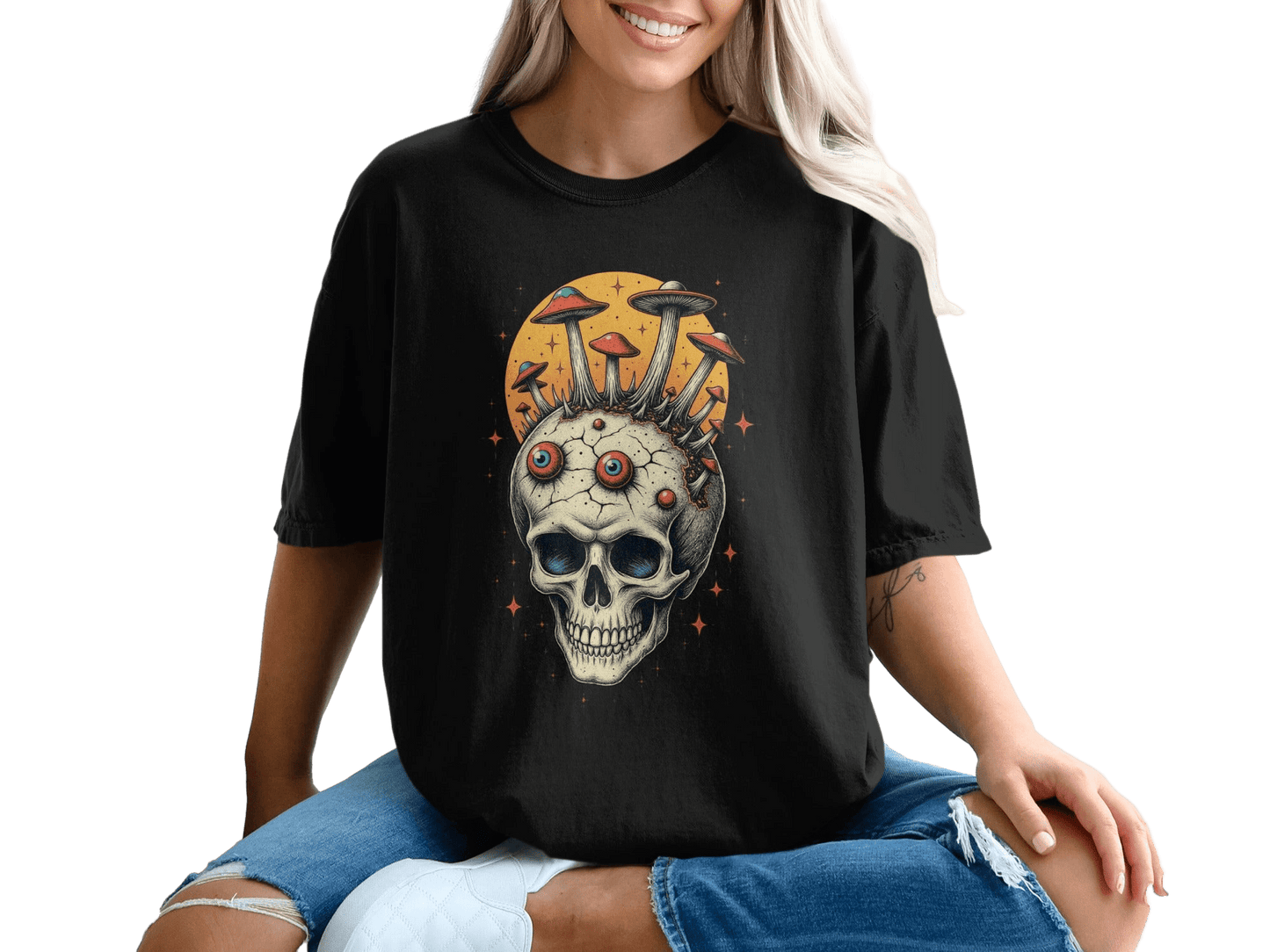Skull With Mushrooms Against Yellow Sun Graphic T-Shirt - IconVexa