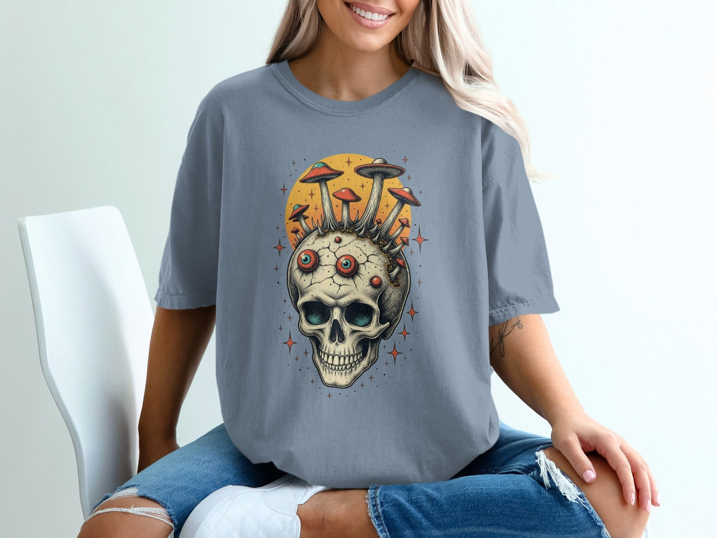 Skull With Mushrooms Against Yellow Sun Graphic T-Shirt - IconVexa