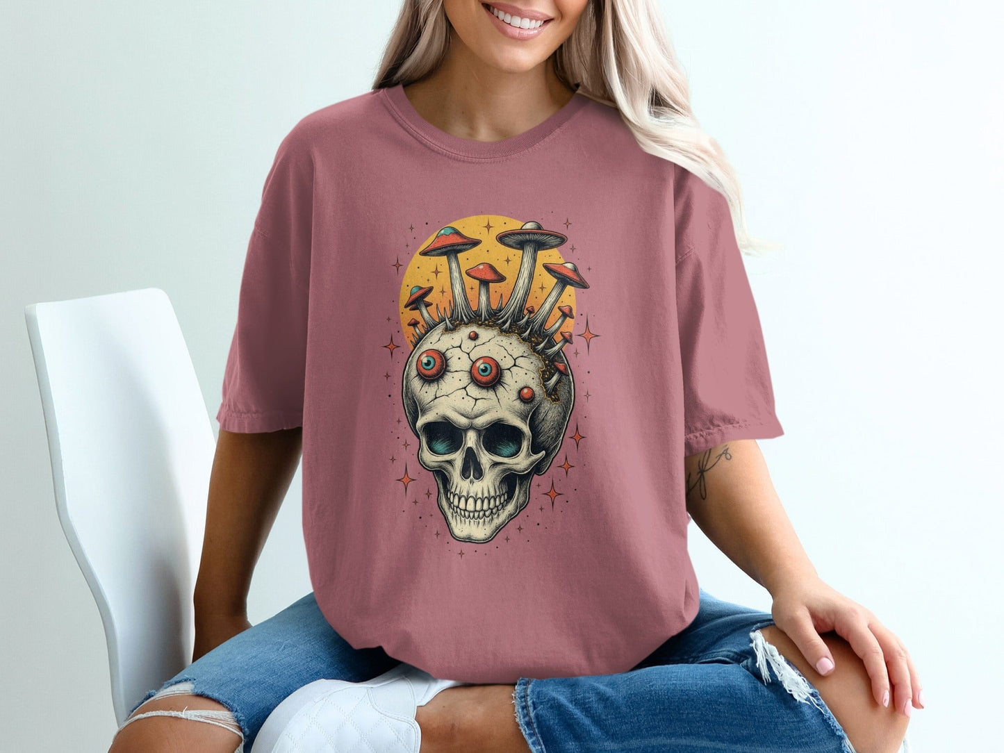 Skull With Mushrooms Against Yellow Sun Graphic T-Shirt - IconVexa