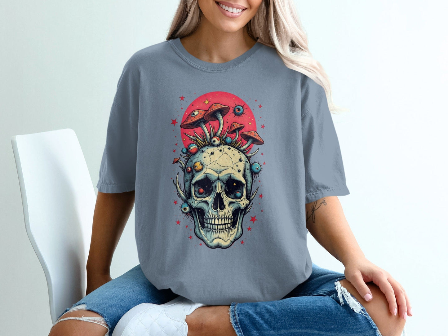 Skull with Mushrooms Design Graphic Print Fashion T-Shirt - IconVexa
