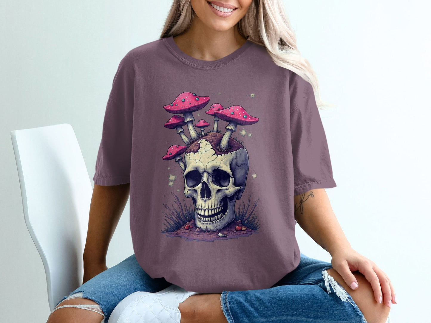 Skull with Mushrooms Design Graphic Unisex Trendy T-Shirt - IconVexa