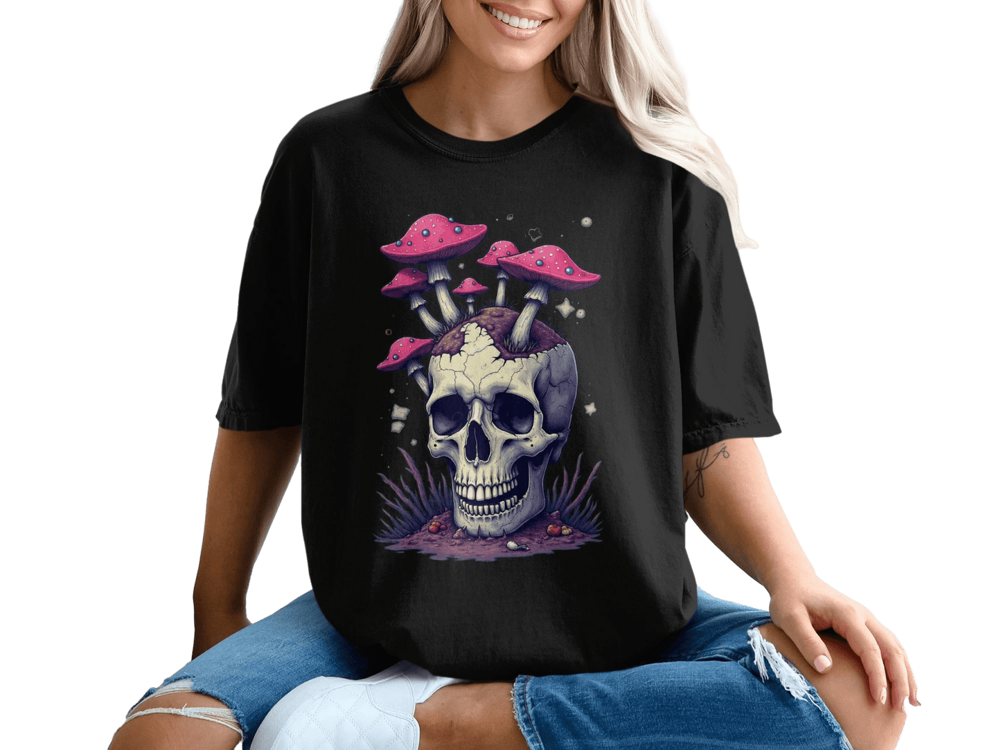 Skull with Mushrooms Design Graphic Unisex Trendy T-Shirt - IconVexa