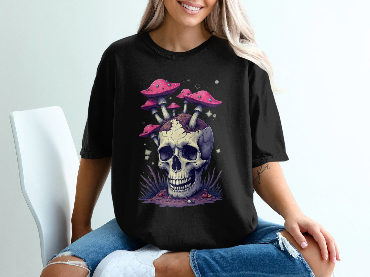 Skull with Mushrooms Design Graphic Unisex Trendy T-Shirt - IconVexa