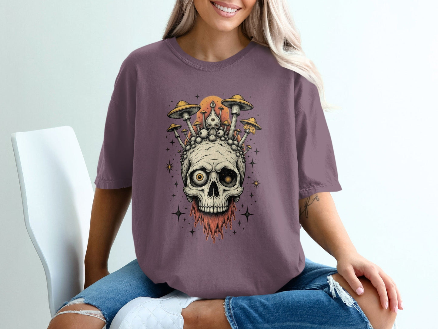 Skull With Mushrooms Graphic Artistic Design Funky T-Shirt - IconVexa
