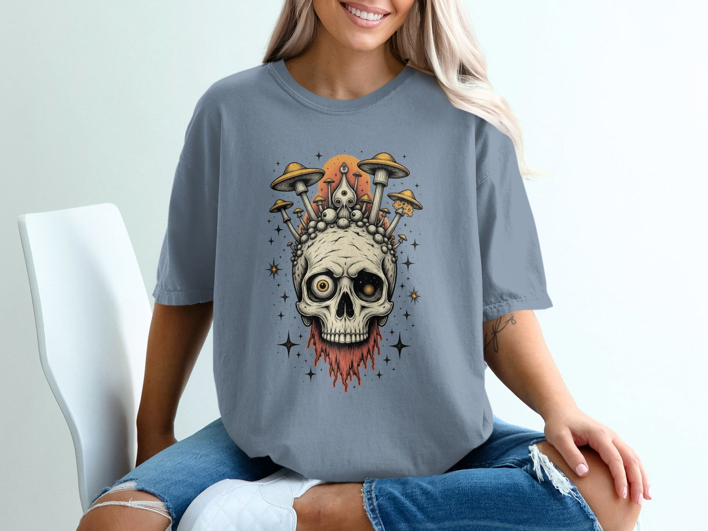 Skull With Mushrooms Graphic Artistic Design Funky T-Shirt - IconVexa