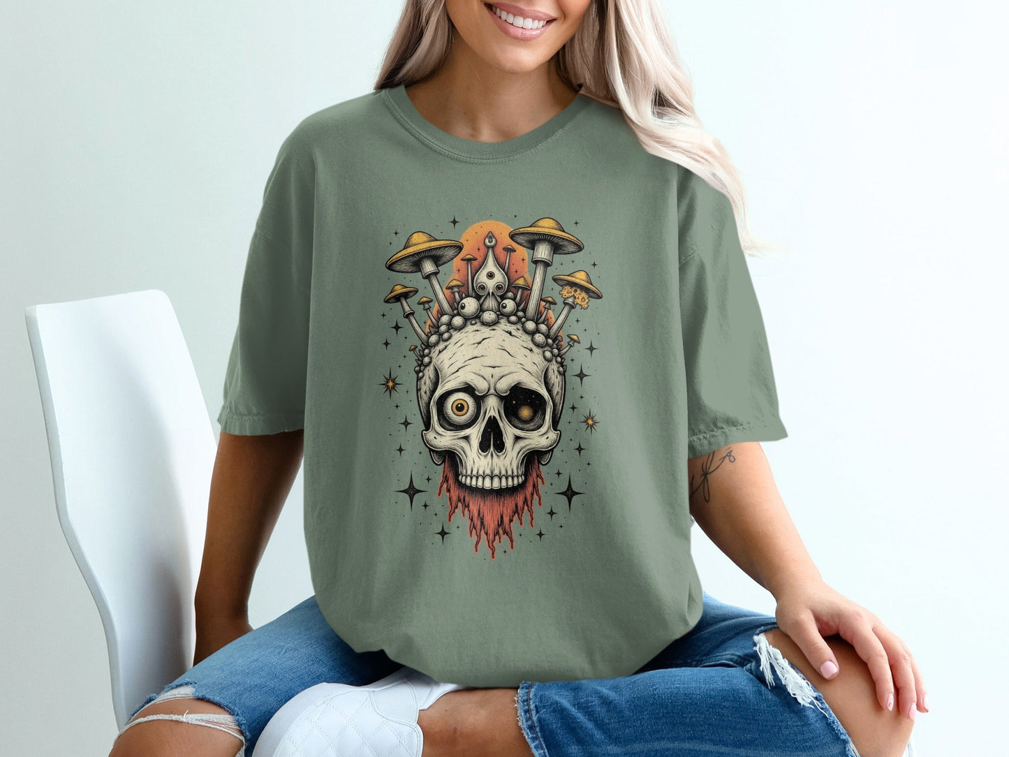 Skull With Mushrooms Graphic Artistic Design Funky T-Shirt - IconVexa
