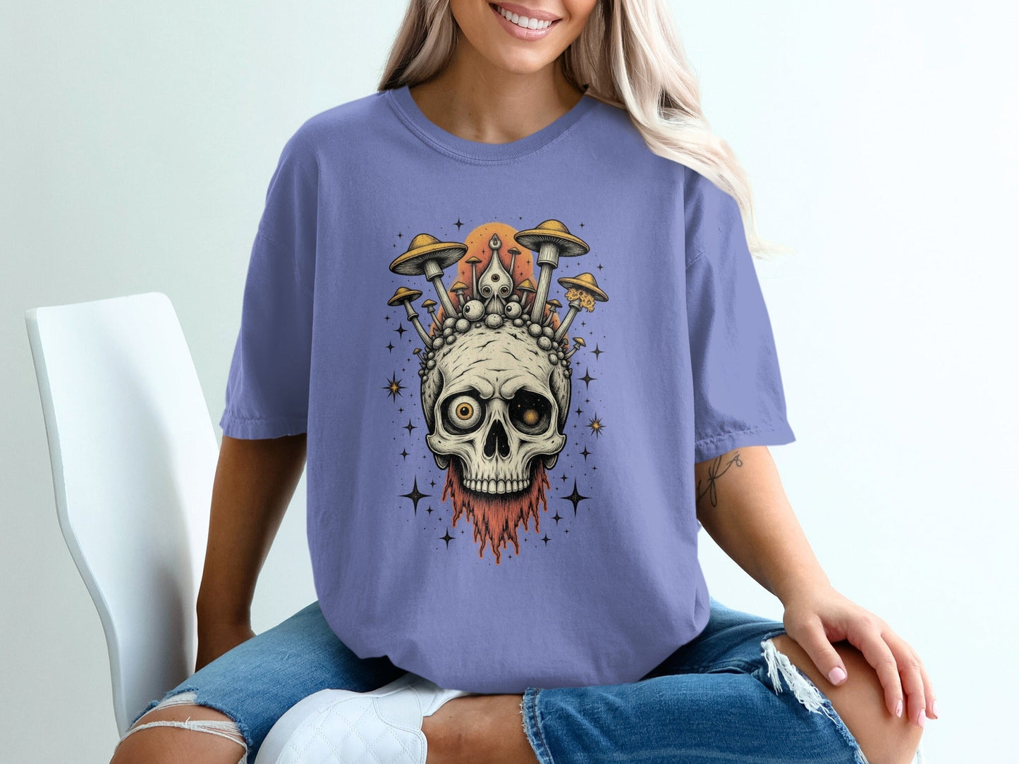 Skull With Mushrooms Graphic Artistic Design Funky T-Shirt - IconVexa