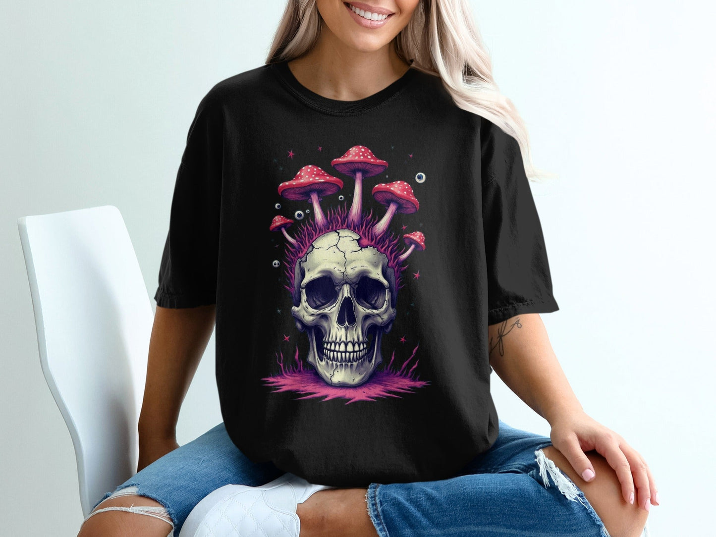 Skull with Mushrooms Graphic Novelty Design Printed T-Shirt - IconVexa