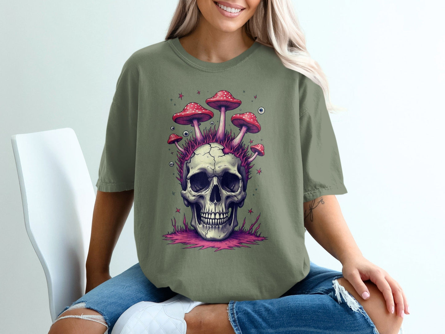Skull with Mushrooms Graphic Novelty Design Printed T-Shirt - IconVexa