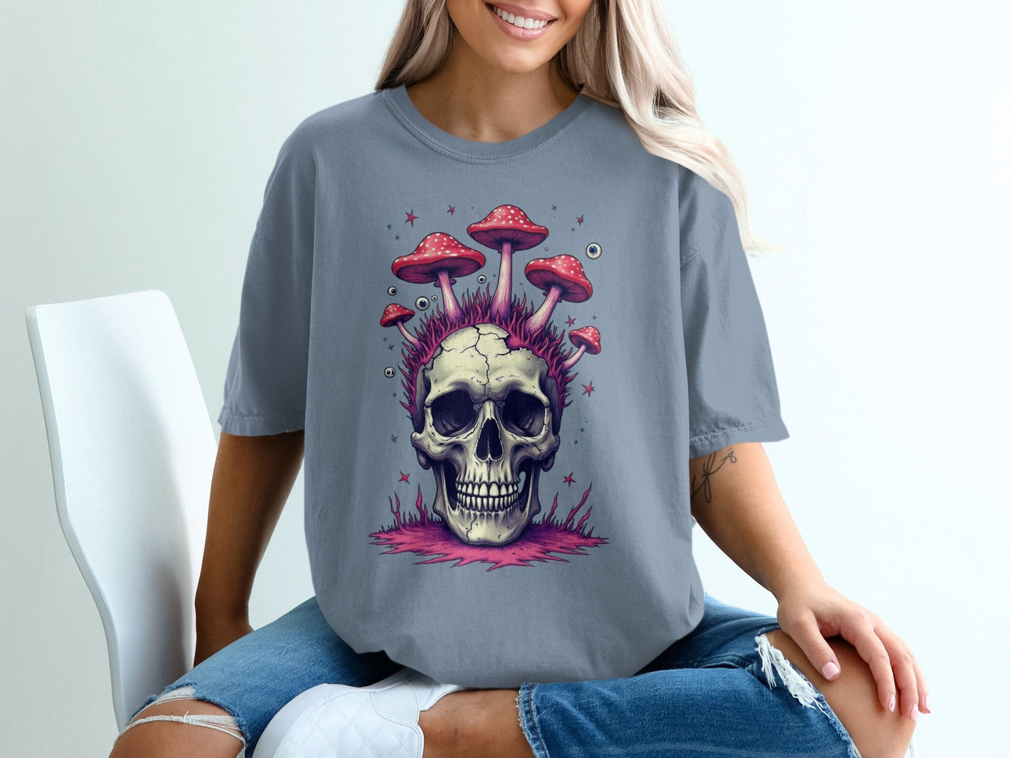Skull with Mushrooms Graphic Novelty Design Printed T-Shirt - IconVexa