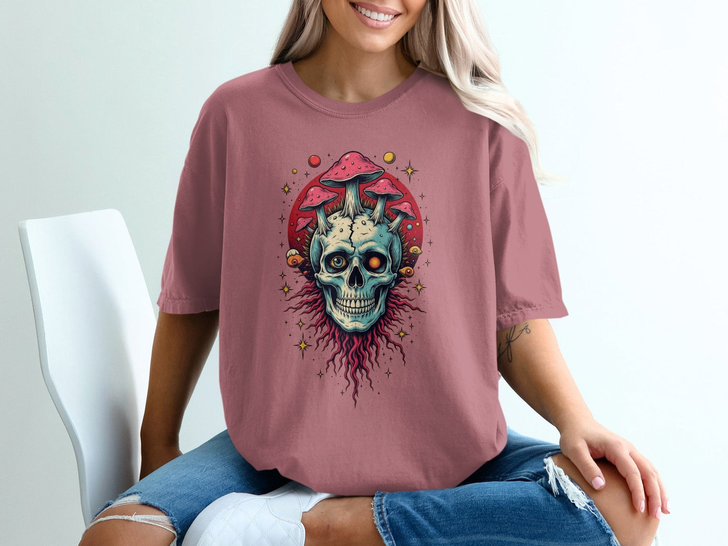 Skull With Mushrooms Graphic Printed Dark Gray T-Shirt - IconVexa