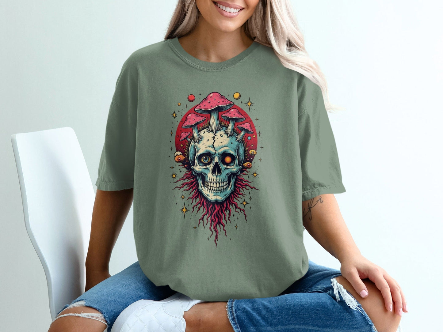 Skull With Mushrooms Graphic Printed Dark Gray T-Shirt - IconVexa
