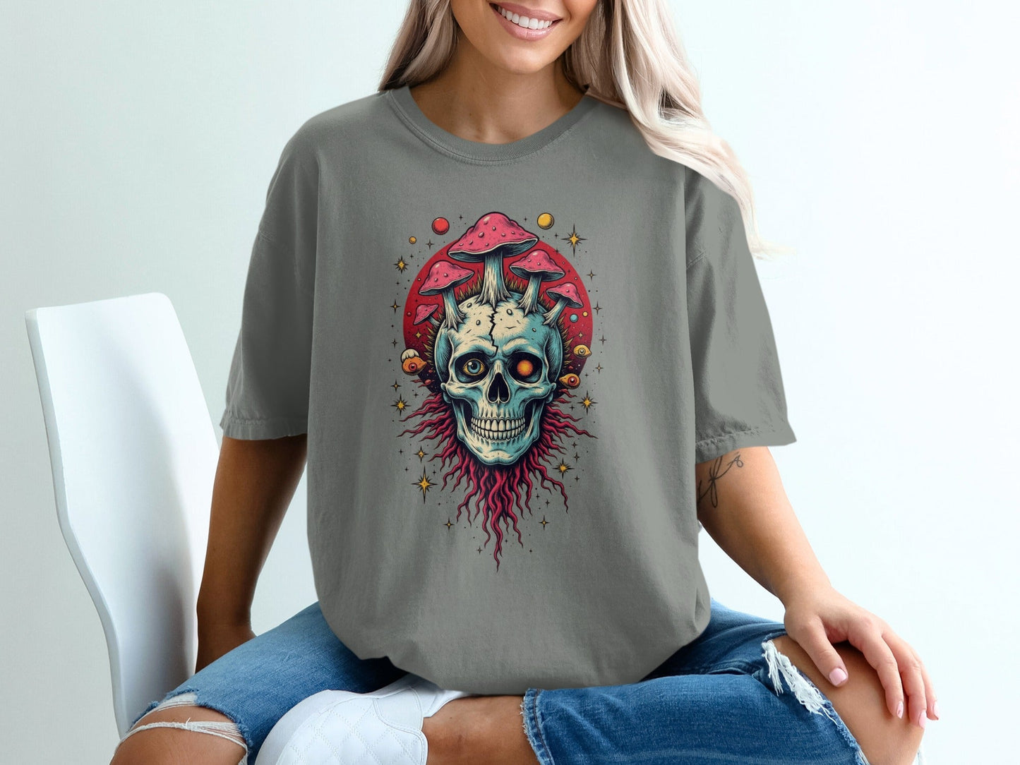 Skull With Mushrooms Graphic Printed Dark Gray T-Shirt - IconVexa