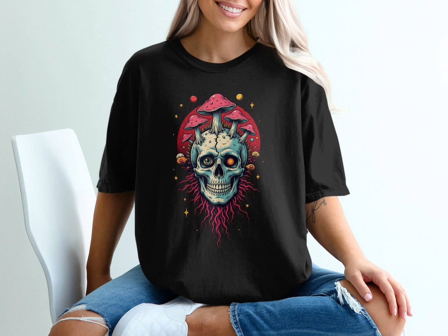 Skull With Mushrooms Graphic Printed Dark Gray T-Shirt - IconVexa