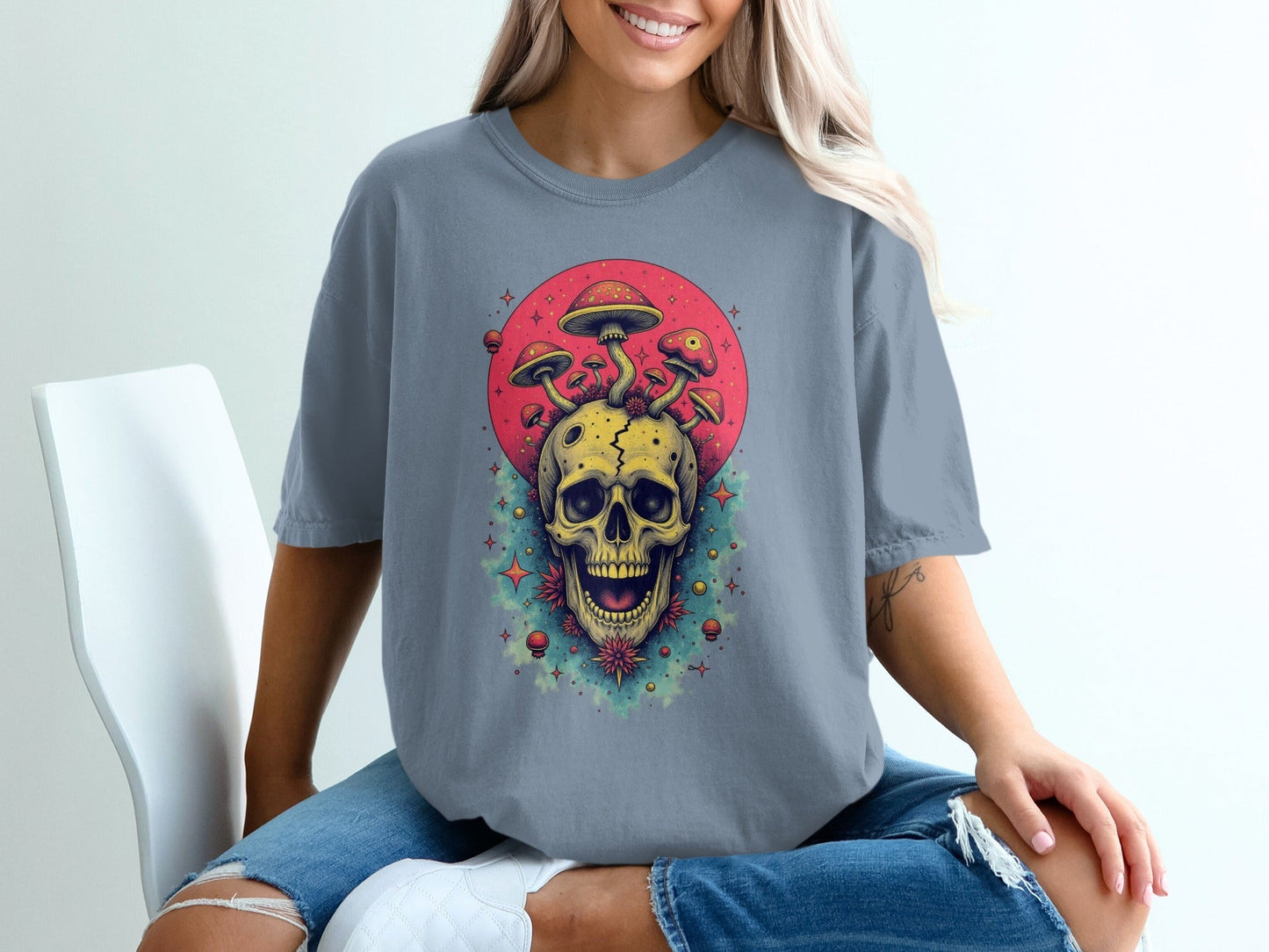 Skull With Mushrooms In Red Circle Graphic Design T-Shirt - IconVexa