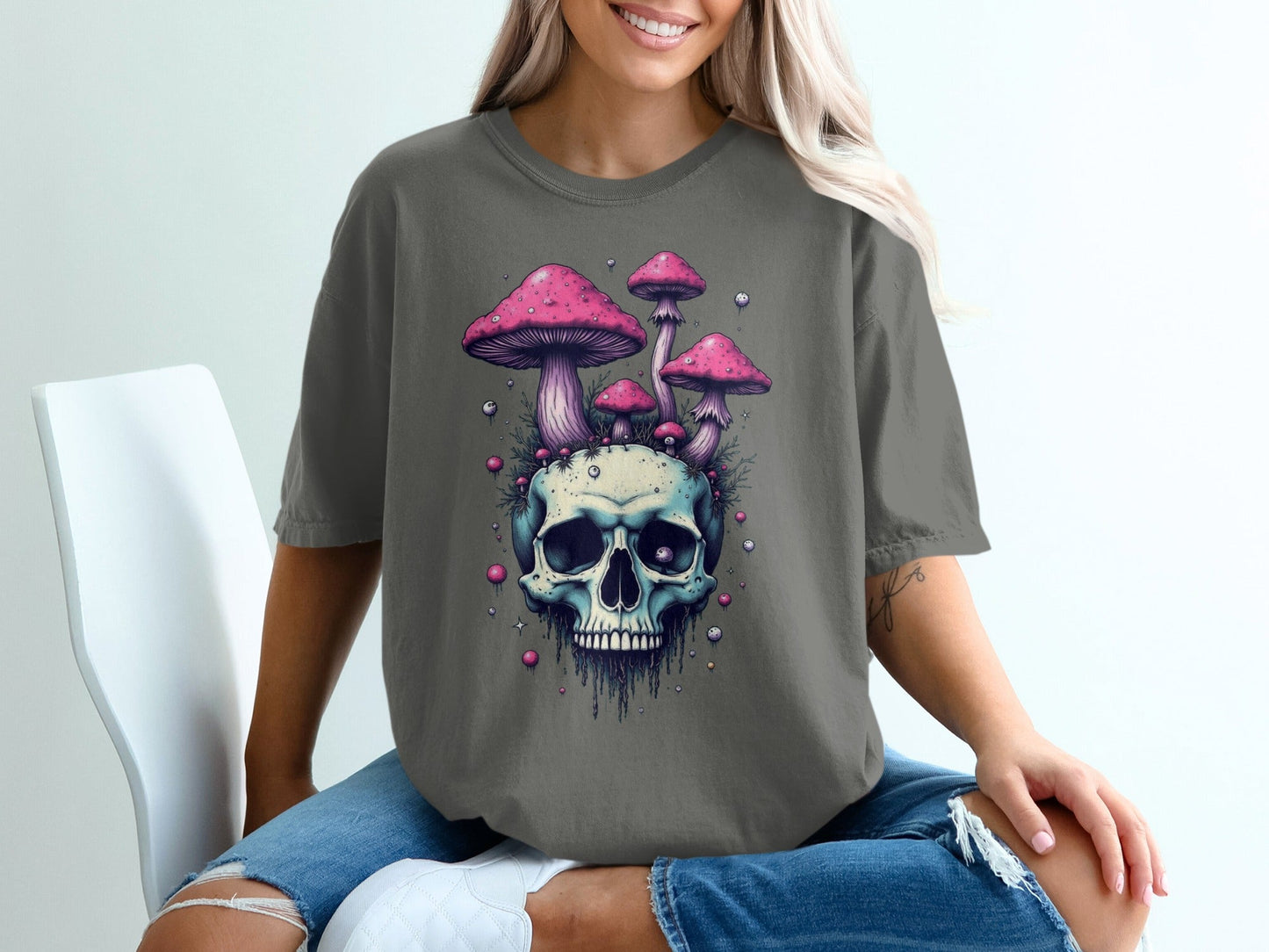 Skull With Pink Mushrooms Funny Graphic Print Novelty T-Shirt - IconVexa