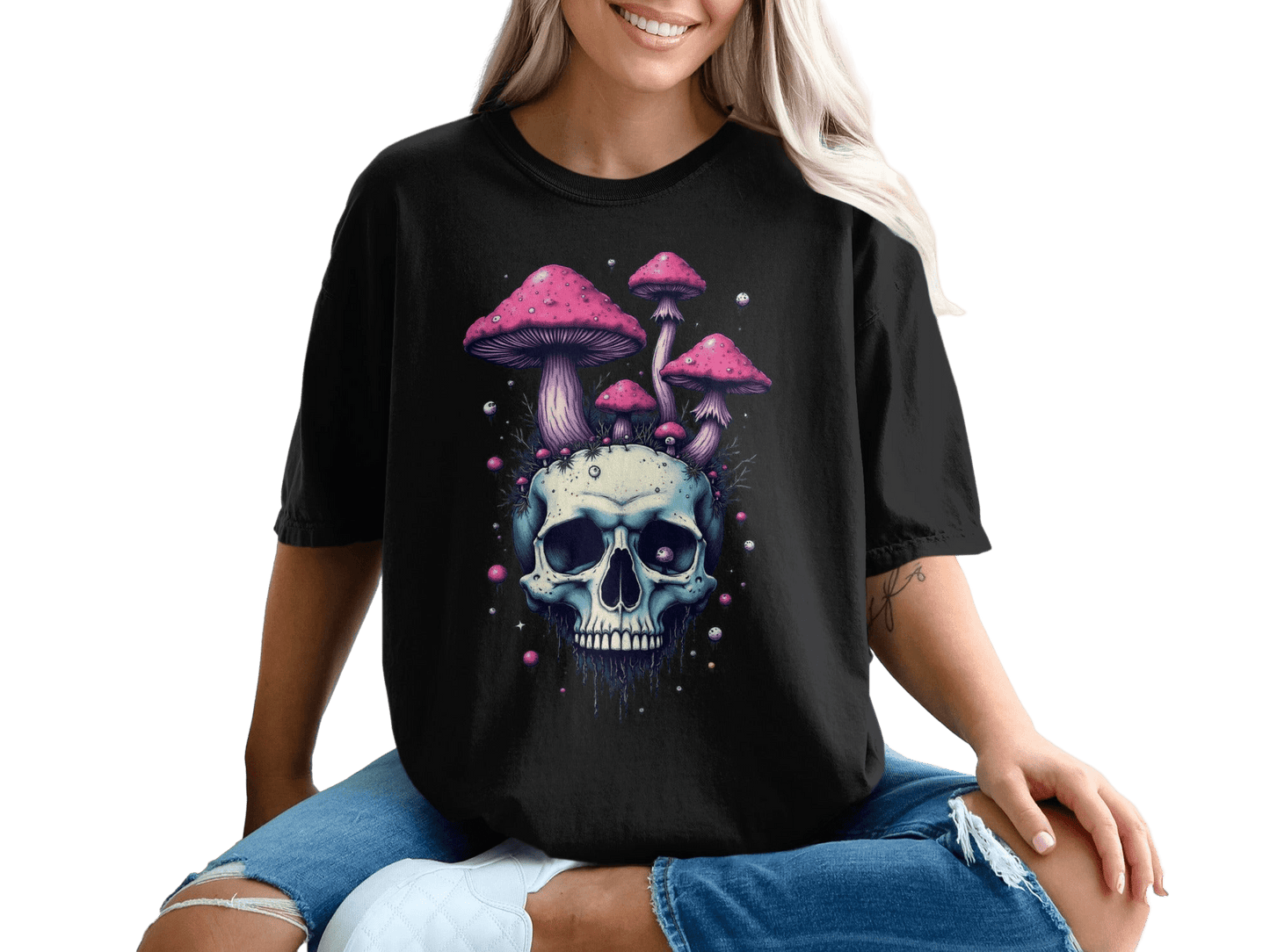 Skull With Pink Mushrooms Funny Graphic Print Novelty T-Shirt - IconVexa