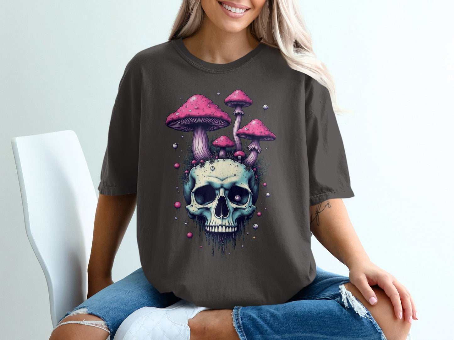 Skull With Pink Mushrooms Funny Graphic Print Novelty T-Shirt - IconVexa