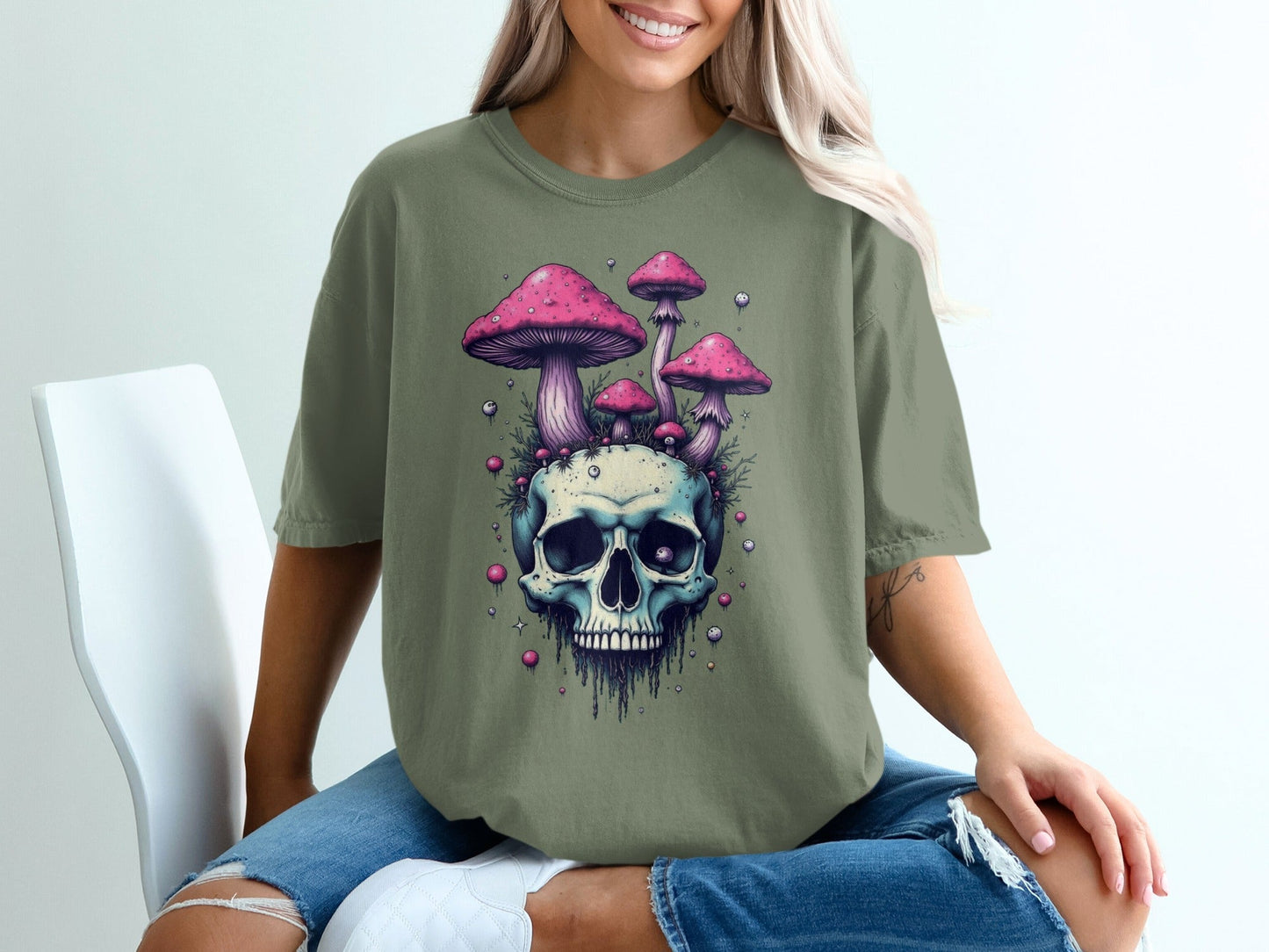 Skull With Pink Mushrooms Funny Graphic Print Novelty T-Shirt - IconVexa