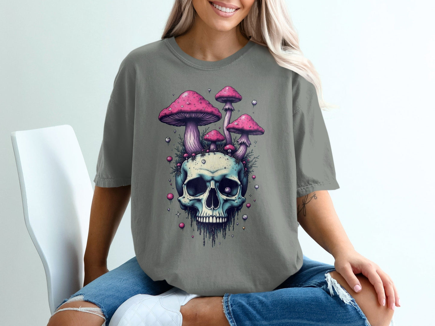 Skull With Pink Mushrooms Funny Graphic Print Novelty T-Shirt - IconVexa
