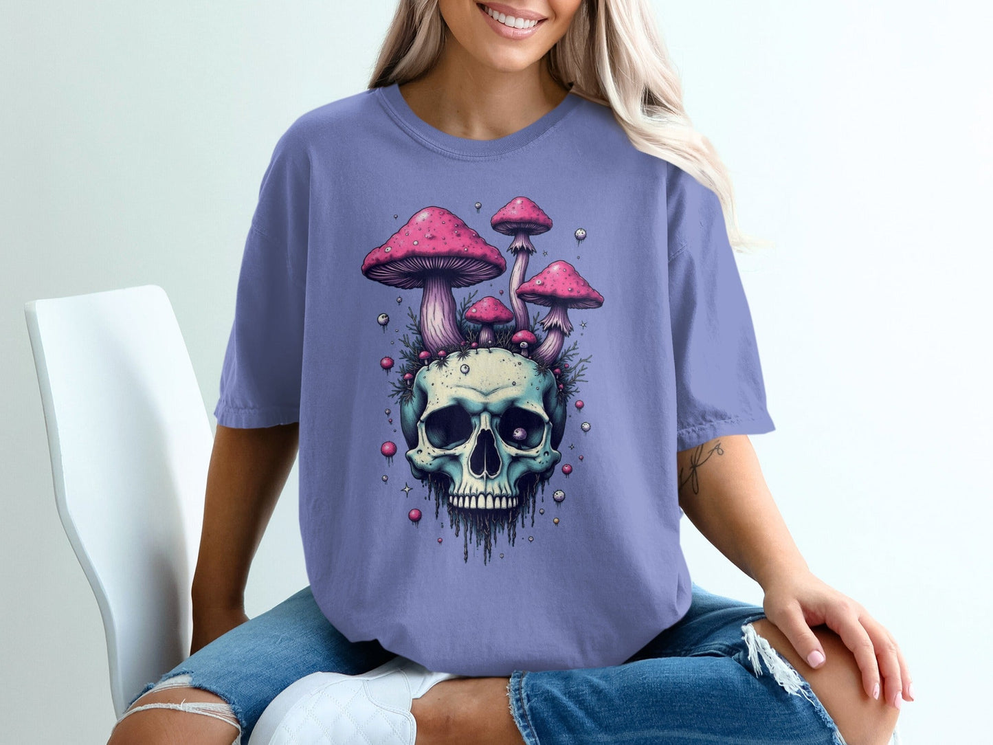 Skull With Pink Mushrooms Funny Graphic Print Novelty T-Shirt - IconVexa
