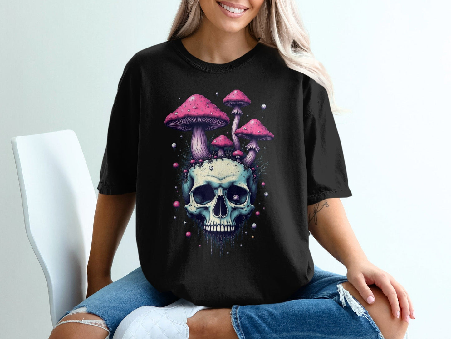 Skull With Pink Mushrooms Funny Graphic Print Novelty T-Shirt - IconVexa