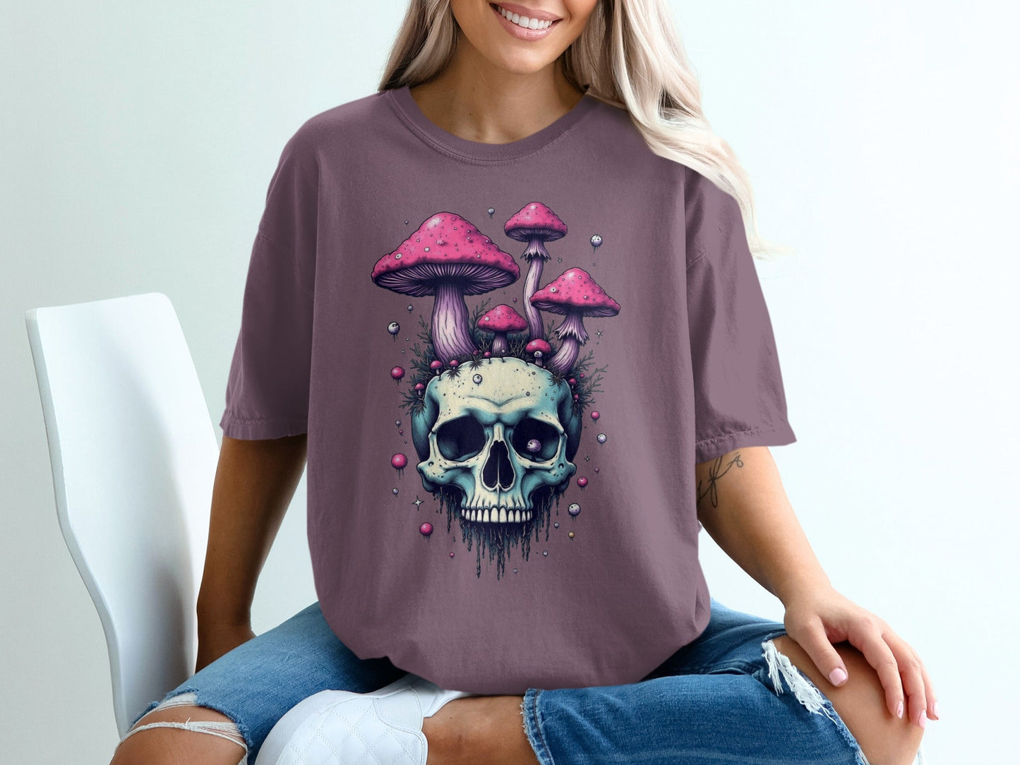 Skull With Pink Mushrooms Funny Graphic Print Novelty T-Shirt - IconVexa