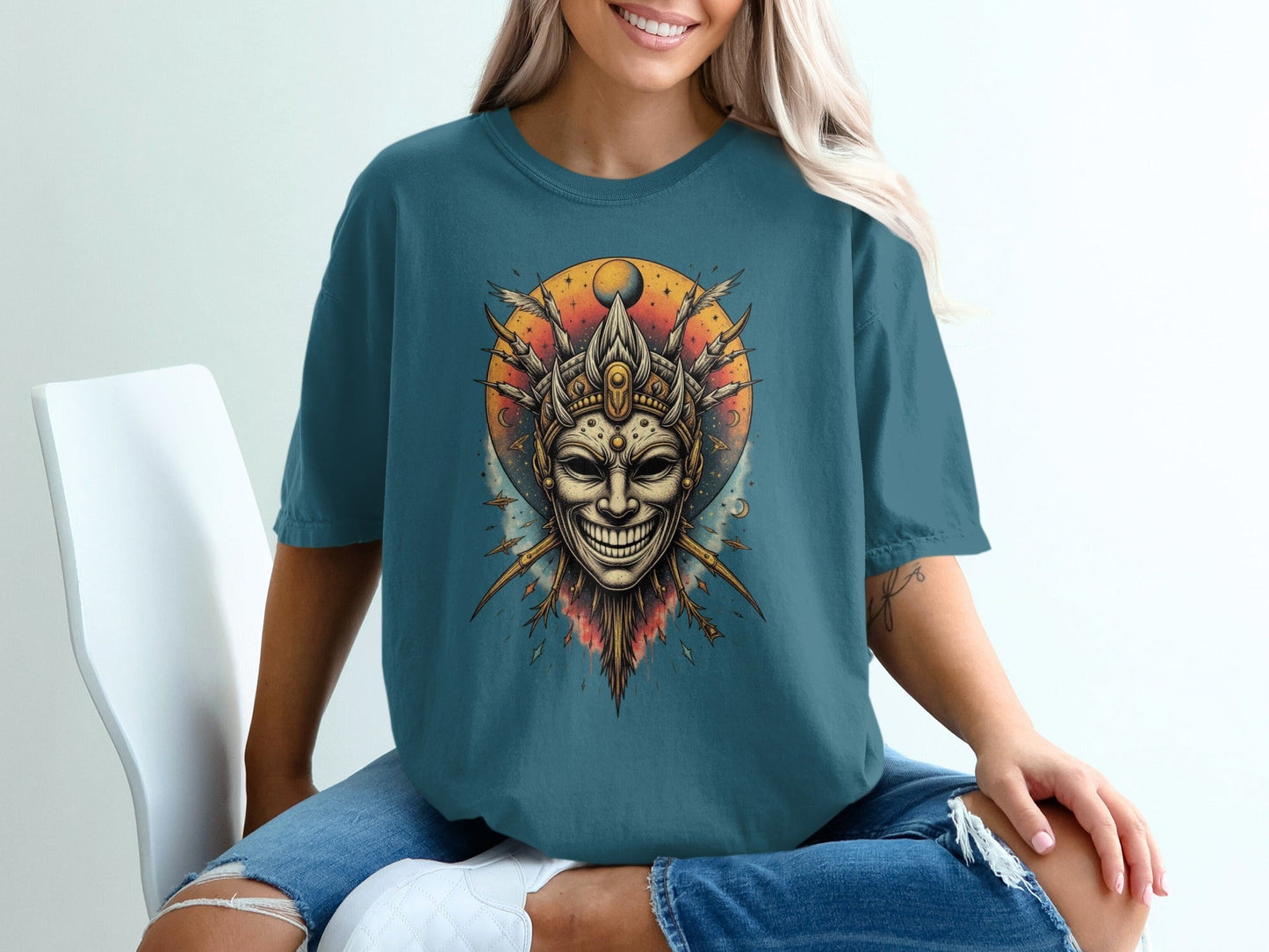Smiling Mask on Celestial Background Graphic Tee Shirt - IconVexa