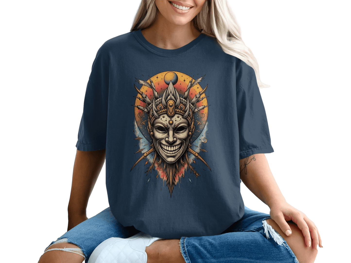 Smiling Mask on Celestial Background Graphic Tee Shirt - IconVexa