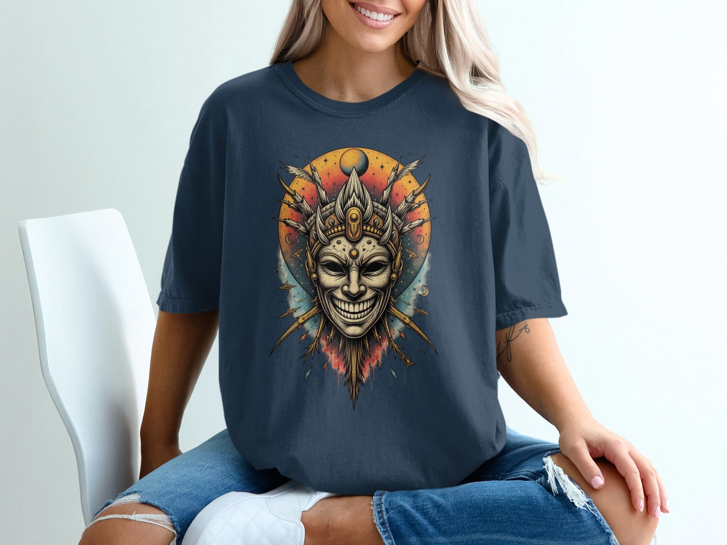 Smiling Mask on Celestial Background Graphic Tee Shirt - IconVexa