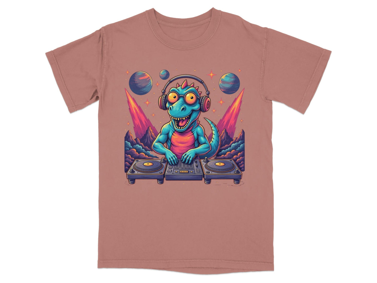 Space DJ Dinosaur With Headphones Graphic Design T-Shirt - IconVexa