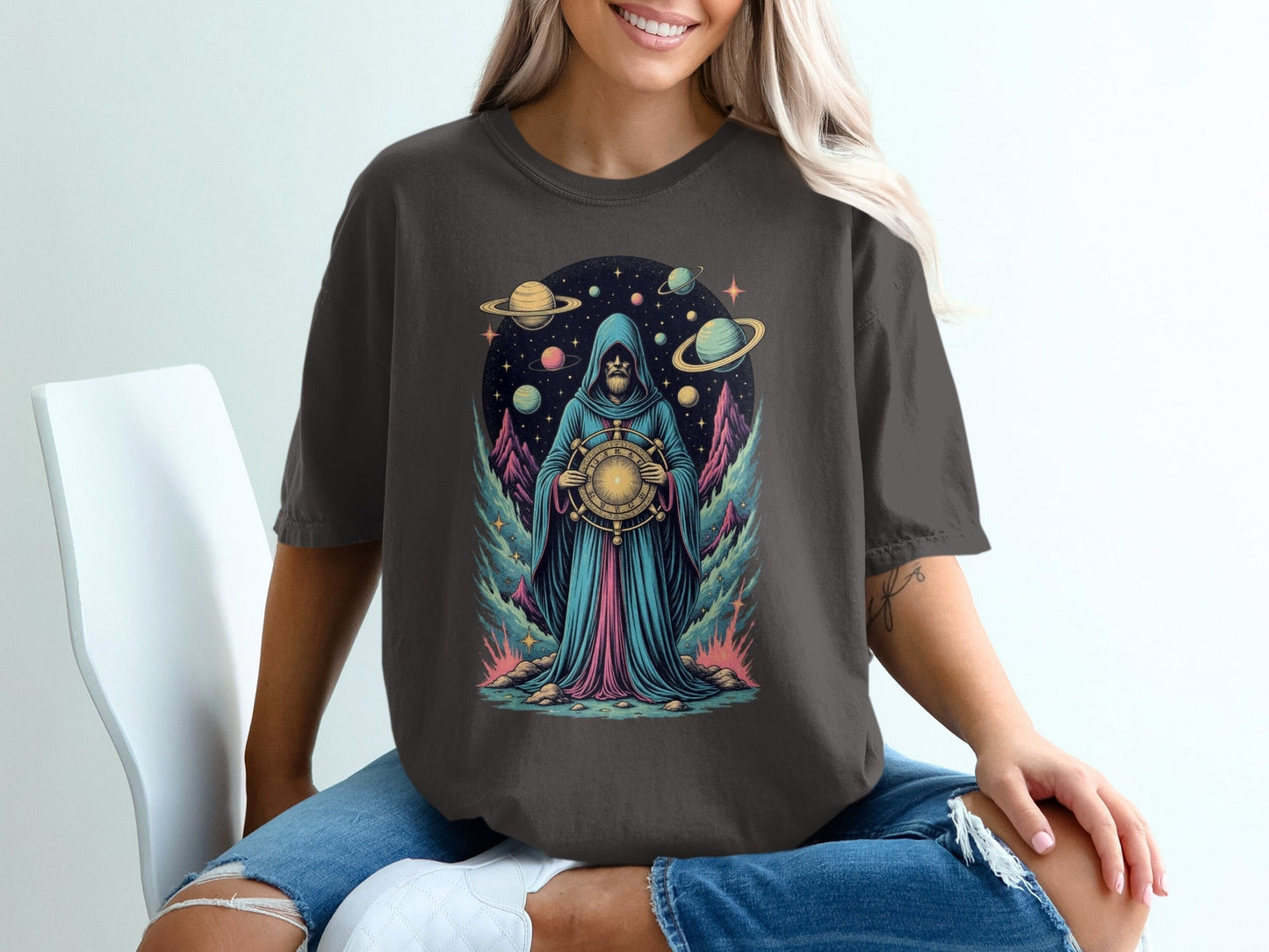 Space Wizard with Planets Artistic Graphic Novelty T-Shirt - IconVexa