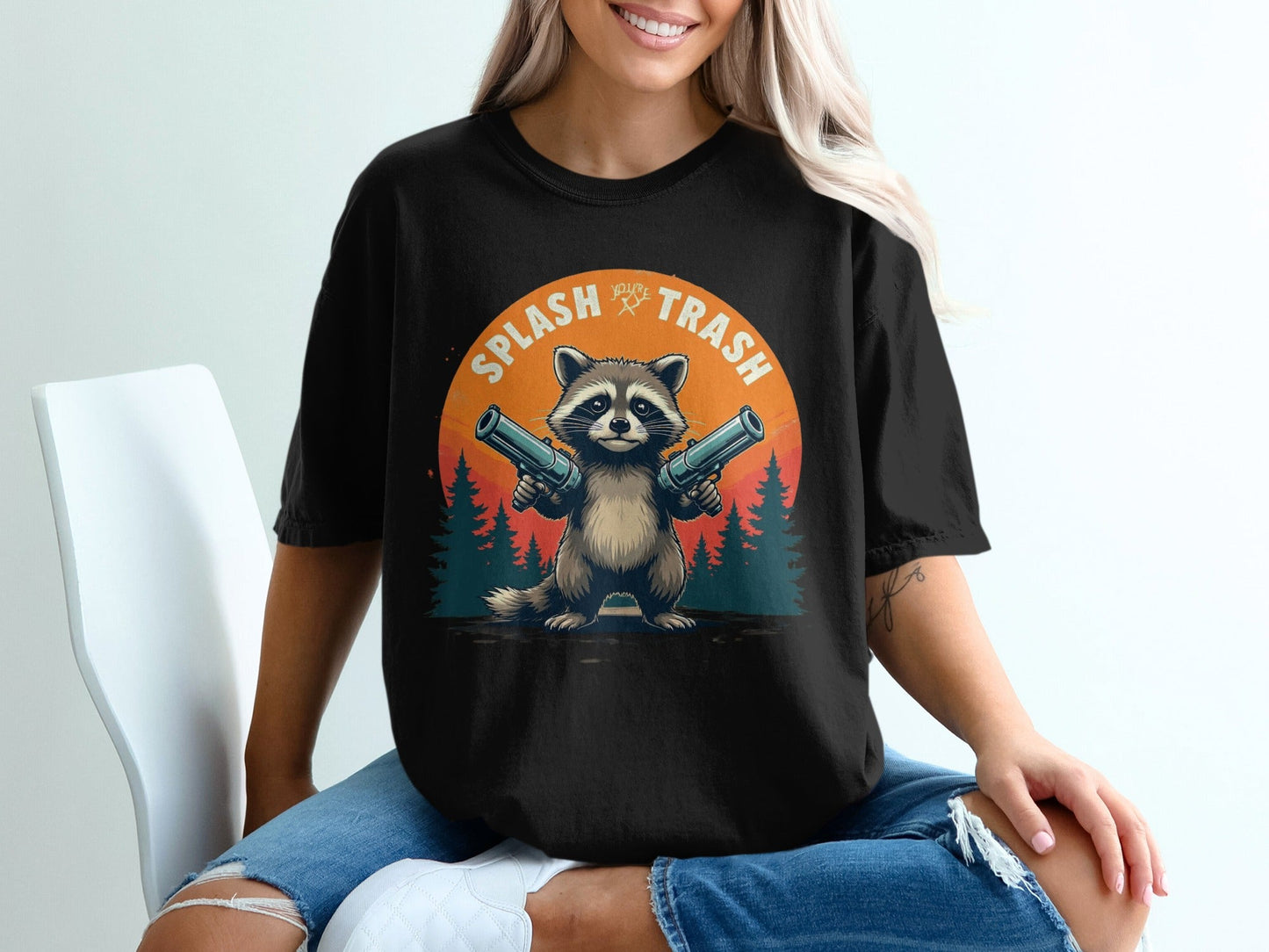 Splash Trash Raccoon T-Shirt, Funny Animal Tee, Bandit T-Shirt, Meme Shirt, Cartoon Graphic Tee, Unique Design Top - IconVexa